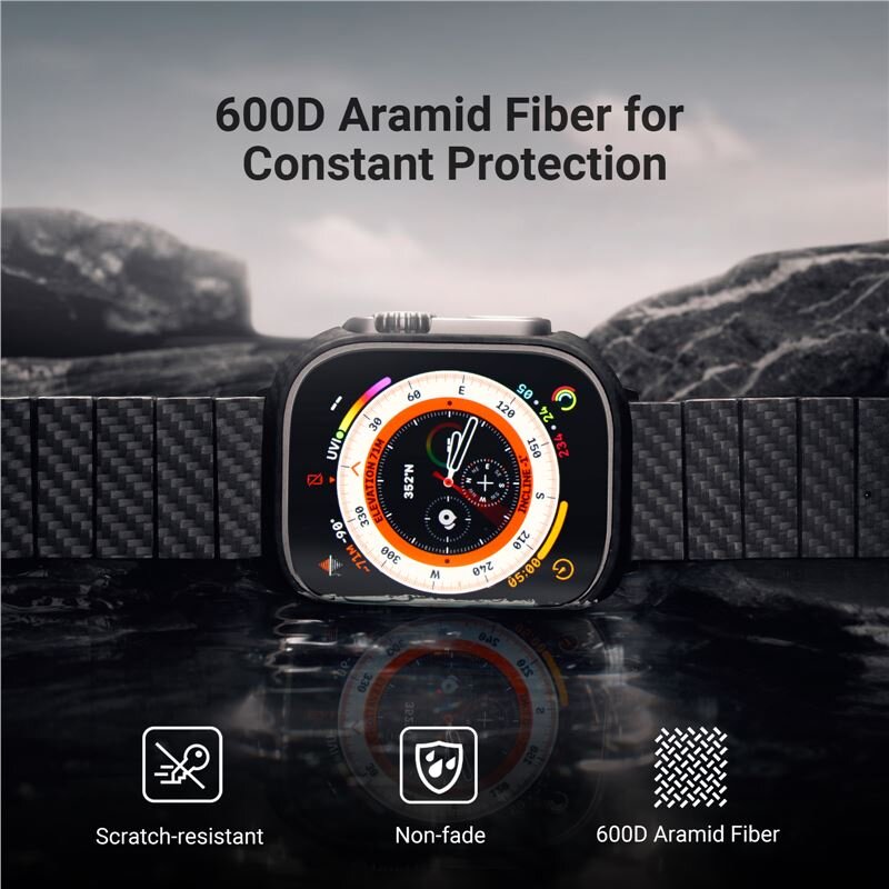 Na obrazie widoczny jest zegarek z czarnym, teksturowanym paskiem i kolorowym wyświetlaczem. Nad zegarkiem znajduje się tekst: \'600D Aramid Fiber for Constant Protection\', a poniżej ikony z napisami \'Scratch-resistant\', \'Non-fade\' i \'600D Aramid Fiber\'.