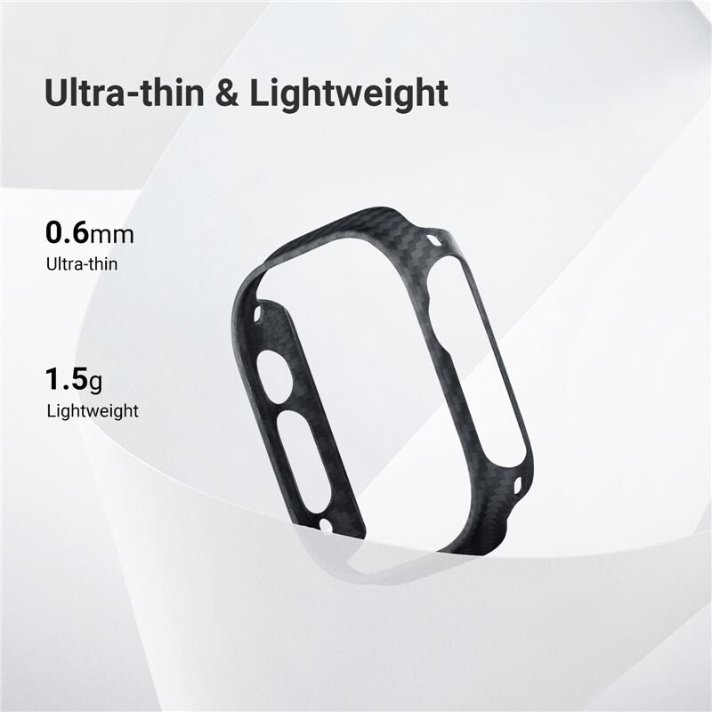 Obraz przedstawia czarną, cienką obudowę zegarka z włókna węglowego. Widoczny tekst: \'Ultra-thin & Lightweight\', \'0.6mm Ultra-thin\', \'1.5g Lightweight\'.