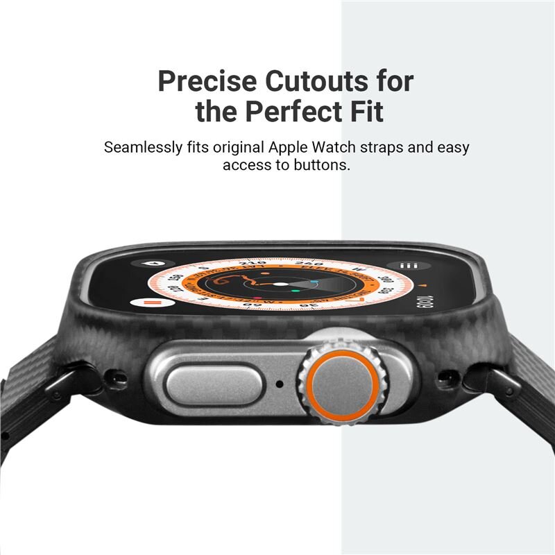 Zbliżenie na zegarek z czarno-szarym etui, z widocznym pokrętłem i przyciskiem. Tekst na obrazie: \'Precise Cutouts for the Perfect Fit Seamlessly fits original Apple Watch straps and easy access to buttons.\'