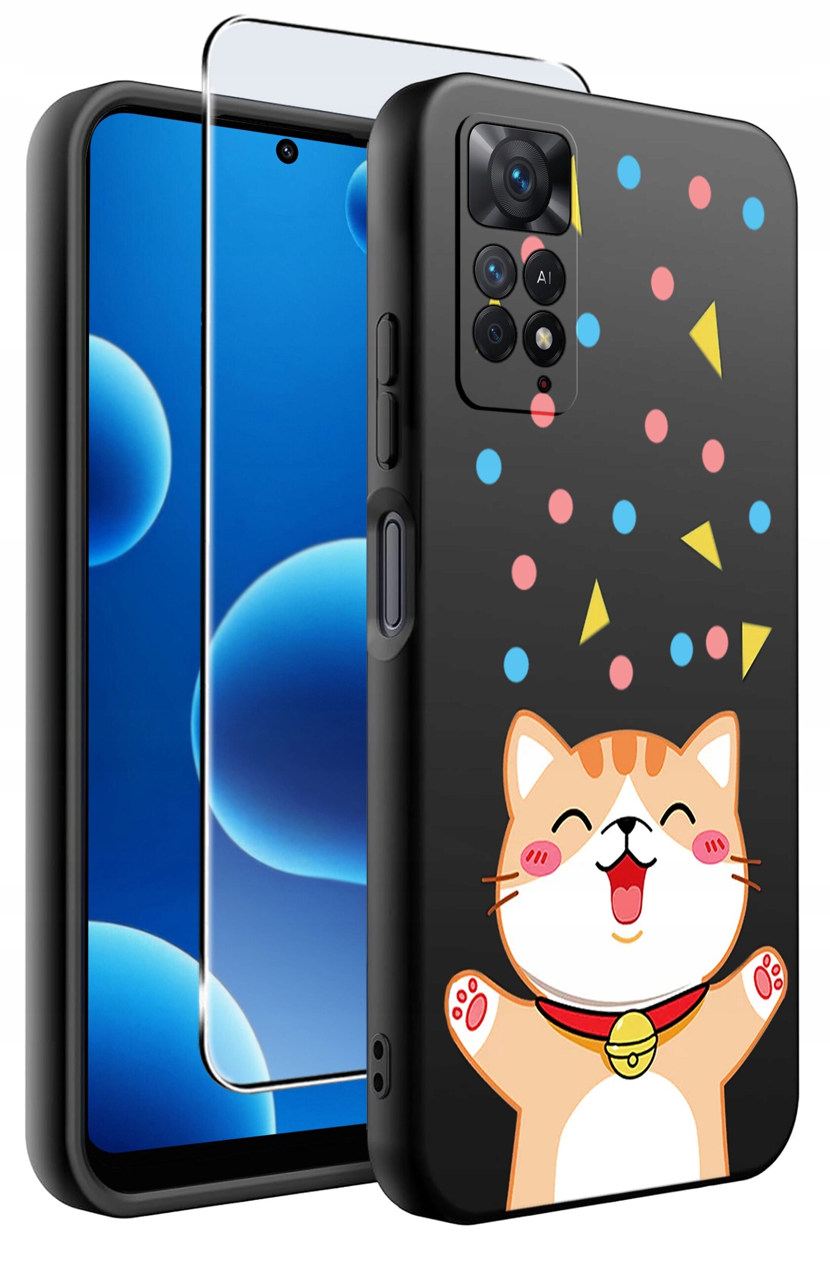 Etui na telefon z kolorowym wzorem przedstawiającym uśmiechniętego kota oraz geometryczne kształty. Obok etui znajduje się szkło ochronne na ekran.