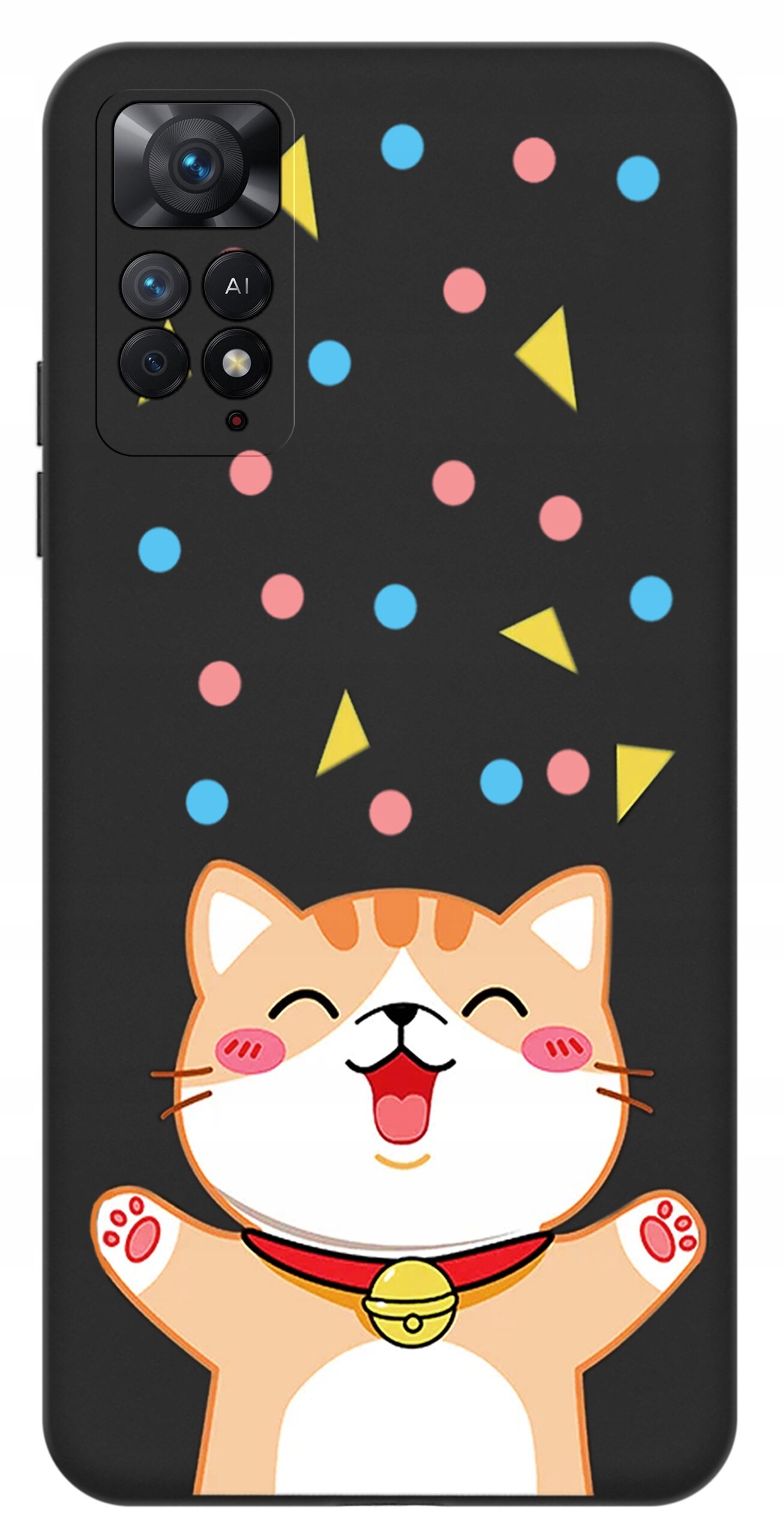 Etui na telefon z rysunkiem uśmiechniętego kota z dzwoneczkiem na szyi, otoczonego kolorowymi kropkami i trójkątami na czarnym tle.