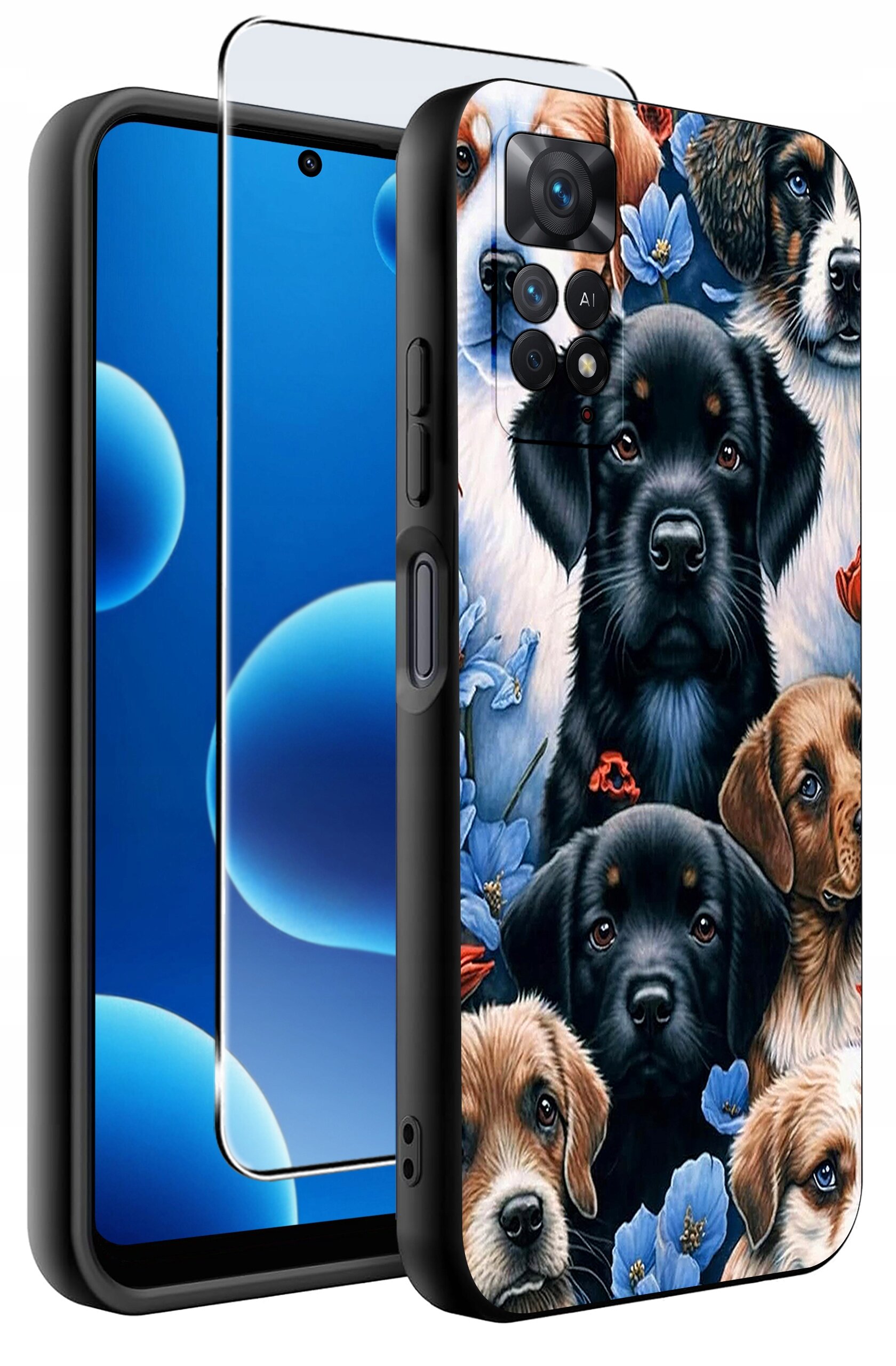 Etui na telefon z nadrukiem przedstawiającym psy i niebieskie kwiaty, obok znajduje się szkło ochronne na ekran. Etui jest silikonowe i matowe, przeznaczone do modelu Xiaomi Redmi Note 11 Pro.