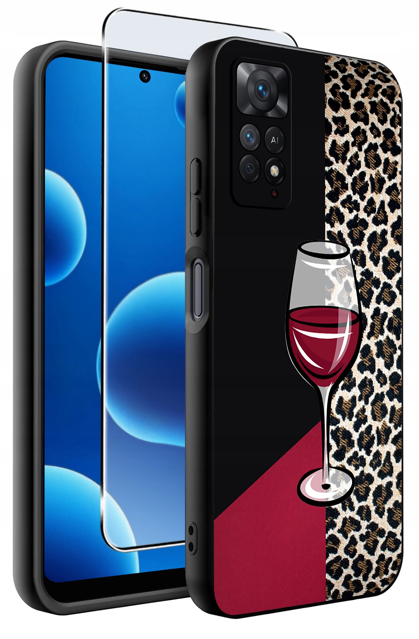 Etui na telefon z motywem kieliszka wina na tle w kolorze czarnym i czerwonym oraz wzorem w cętki. Obok etui znajduje się szkło ochronne na ekran.