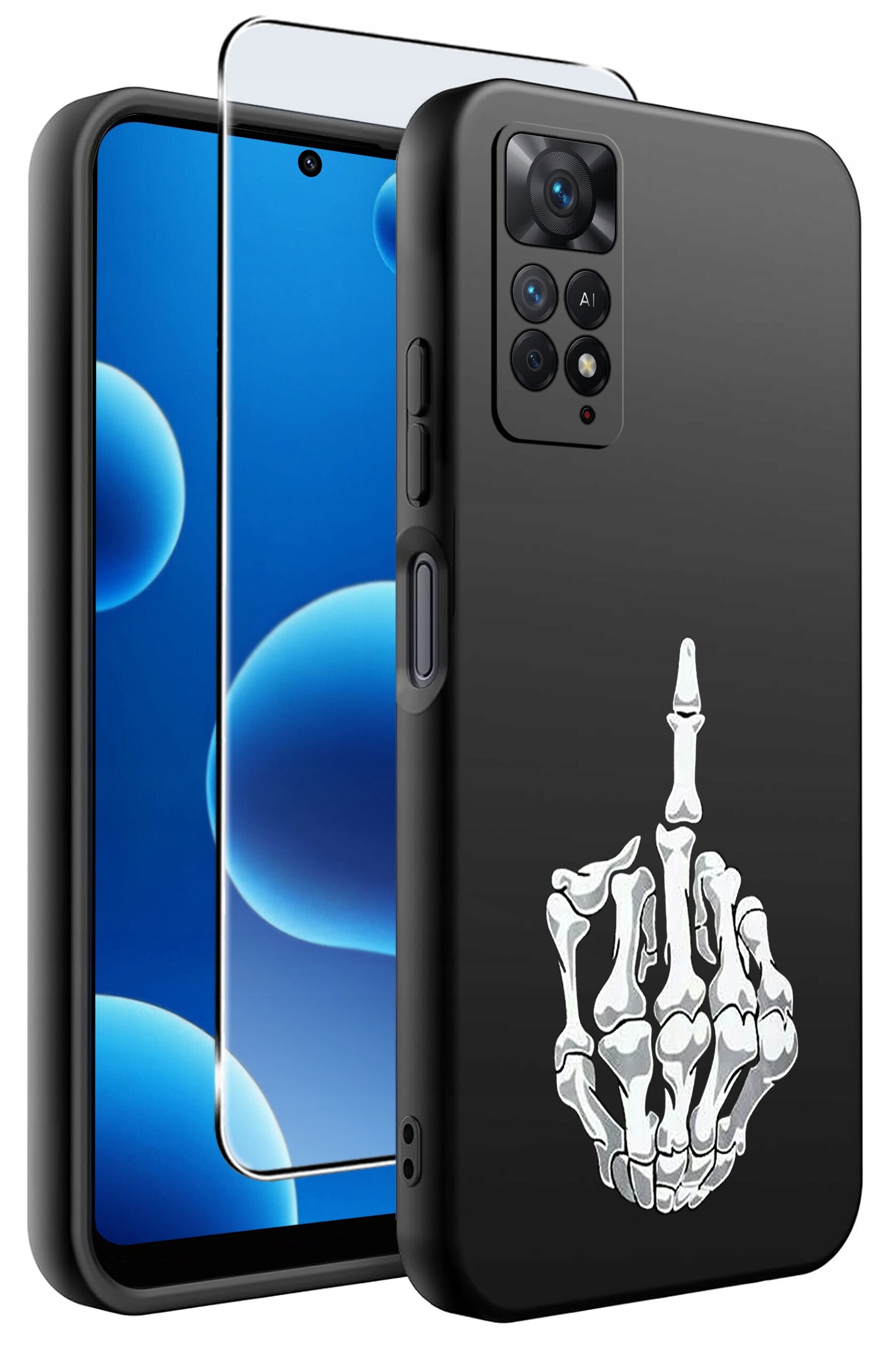 Czarne etui na telefon z nadrukiem białej, szkieletowej dłoni pokazującej środkowy palec. Obok etui znajduje się szkło ochronne na ekran.