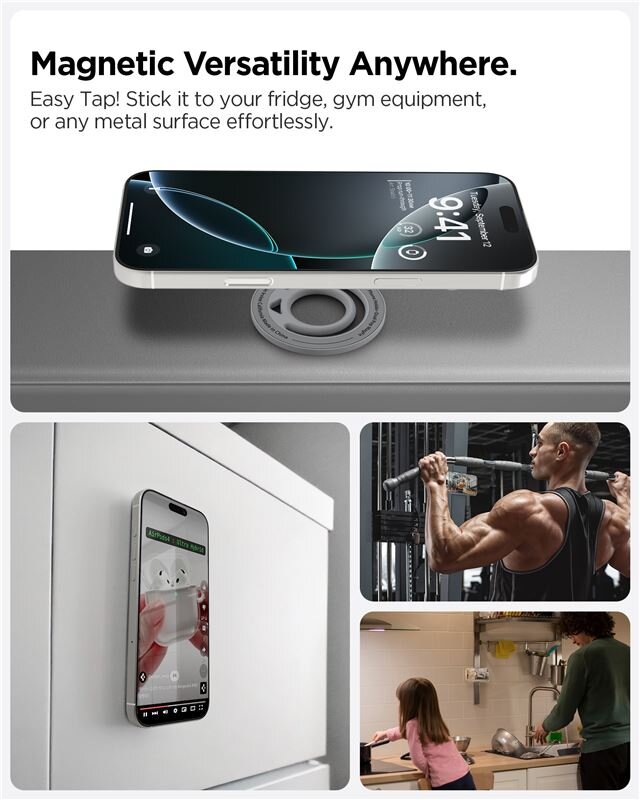 Obraz przedstawia uchwyt magnetyczny z telefonem umieszczonym na metalowej powierzchni. Widoczny jest tekst: \'Magnetic Versatility Anywhere. Easy Tap! Stick it to your fridge, gym equipment, or any metal surface effortlessly.\'