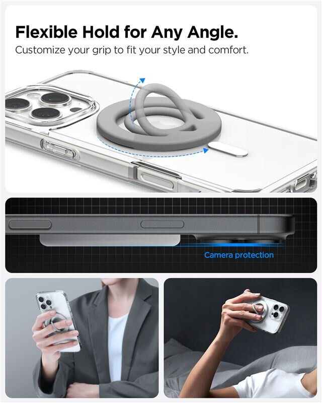 Obraz przedstawia uchwyt na telefon w kolorze szarym zamontowany na przezroczystym etui telefonu. Widoczny jest tekst: \'Flexible Hold for Any Angle. Customize your grip to fit your style and comfort.\'