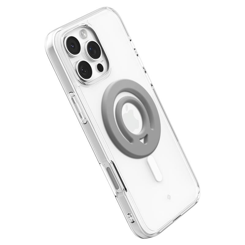 Przezroczyste etui na telefon z szarym uchwytem MagSafe na tylnej stronie. Widoczne są trzy obiektywy aparatu oraz logo w kształcie jabłka.