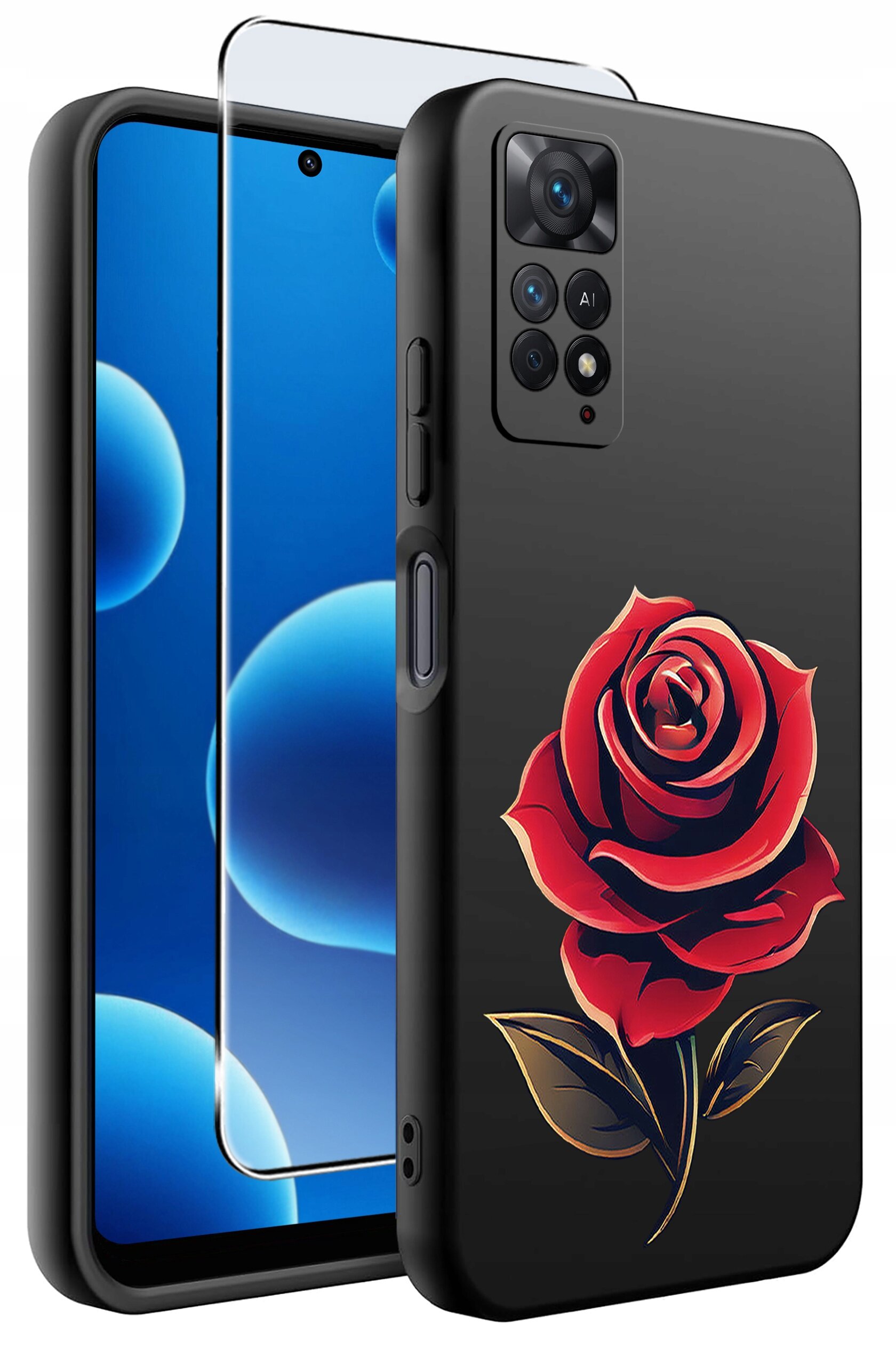 Obraz przedstawia czarne silikonowe etui na telefon z czerwonym wzorem róży oraz szkło ochronne. W tle widoczny jest ekran telefonu z niebieskimi bąbelkami.