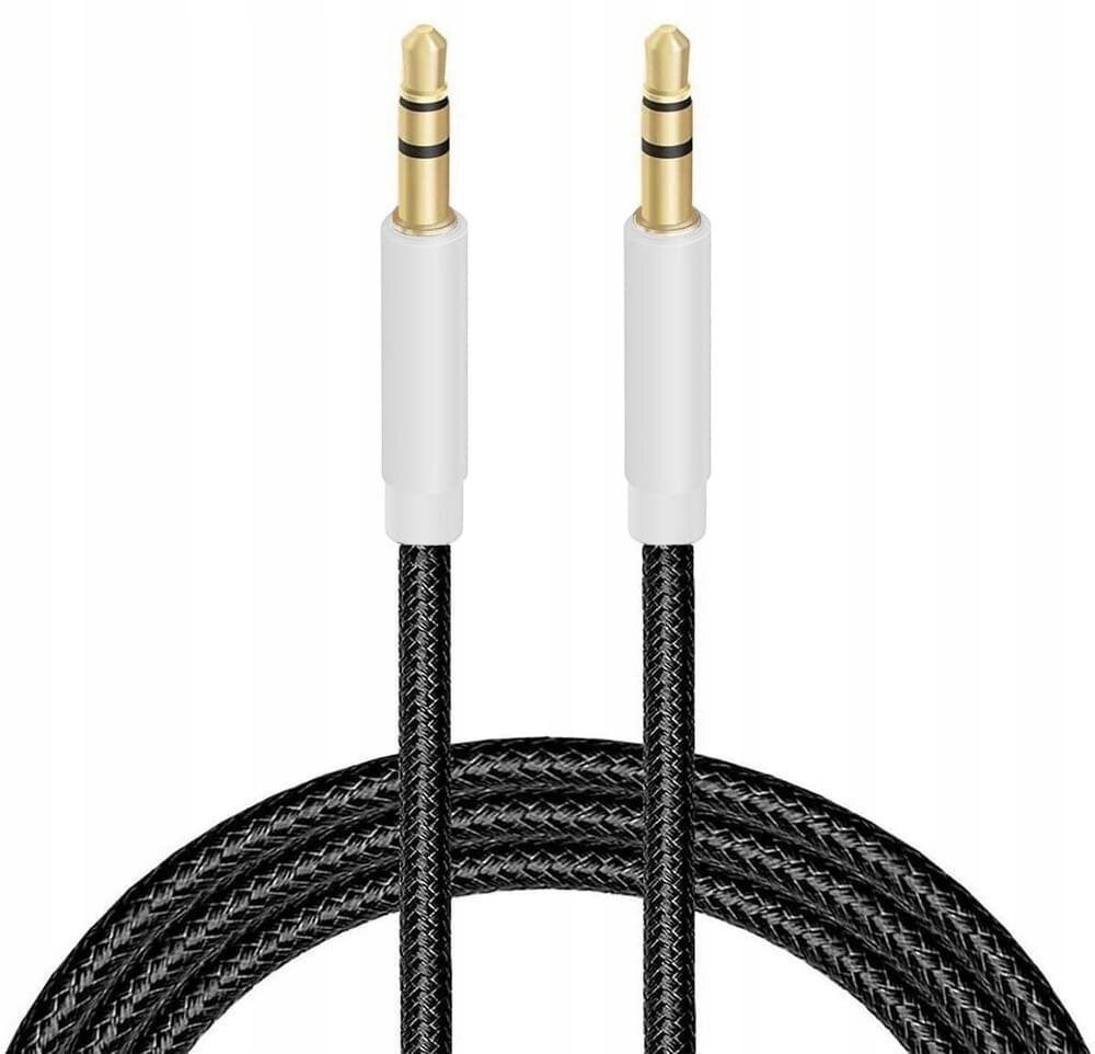 Obraz przedstawia kabel audio z dwoma wtykami minijack 3,5 mm, które mają złote końcówki i białe obudowy. Kabel jest opleciony czarnym materiałem.