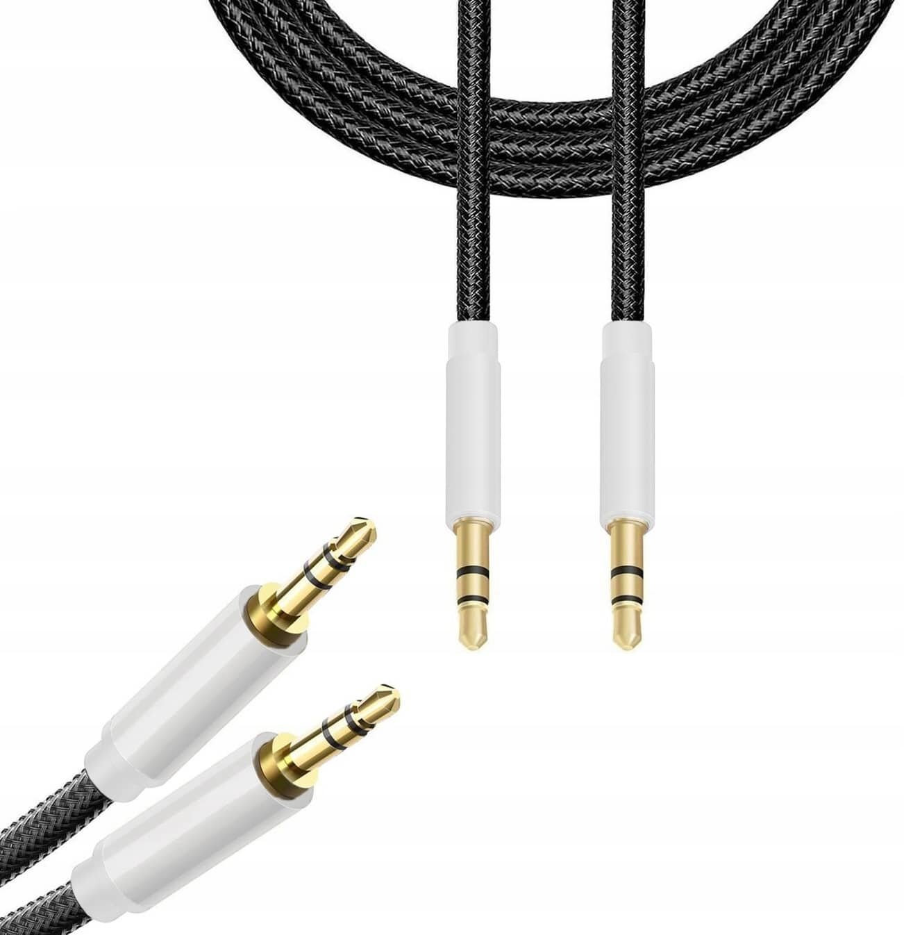 Obraz przedstawia czarny kabel audio z dwoma złotymi wtykami minijack 3,5 mm, zakończonymi białymi osłonami. Kabel ma plecioną strukturę.