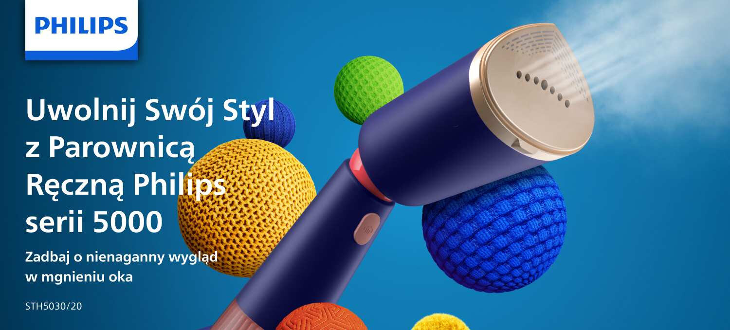 Na niebieskim tle widoczna jest parownica do ubrań z napisem: \'Uwolnij Swój Styl z Parownicą Ręczną Philips serii 5000. Zadbaj o nienaganny wygląd w mgnieniu oka\'.