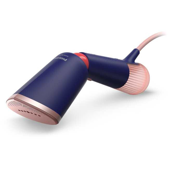 Parownica do ubrań w kolorze granatowym z różowymi akcentami, z widocznym logo \'PHILIPS\' na obudowie.