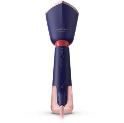 Na obrazie widoczna jest parownica do ubrań w kolorze granatowym z różowymi elementami. Na urządzeniu znajduje się logo \'PHILIPS\'.