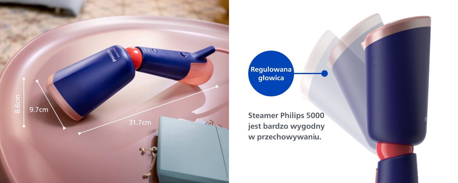 Na obrazie widoczna jest parownica do ubrań w kolorze granatowym z różowymi elementami, z wymiarami 31,7 cm długości i 9,7 cm szerokości. Obok znajduje się napis: \'Regulowana głowica\' oraz \'Steamer Philips 5000 jest bardzo wygodny w przechowywaniu.\'
