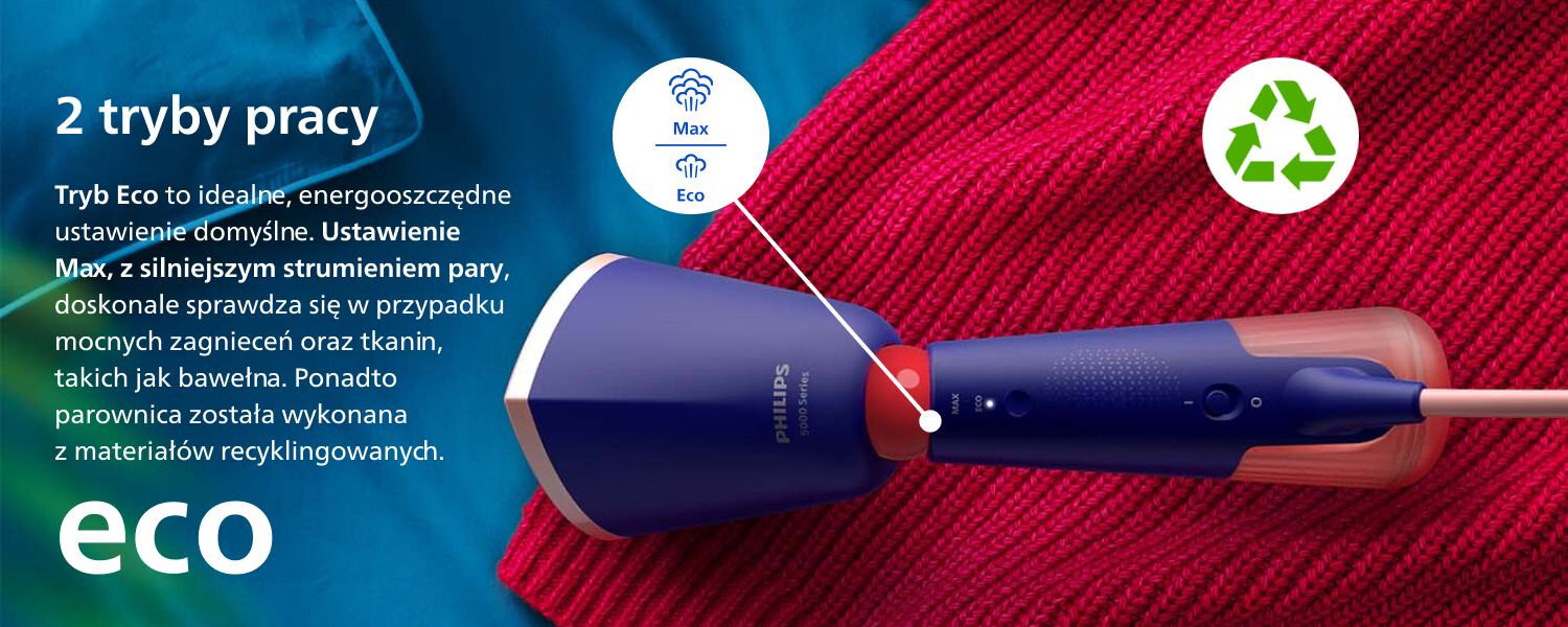 Na obrazie widoczna jest parownica do ubrań marki Philips umieszczona na kolorowym tle z tkanin. Obok urządzenia znajduje się tekst: \'2 tryby pracy Tryb Eco to idealne, energooszczędne ustawienie domyślne. Ustawienie Max, z silniejszym strumieniem pary, doskonale sprawdza się w przypadku mocnych zagnieceń oraz tkanin, takich jak bawełna. Ponadto parownica została wykonana z materiałów recyklingowanych.\'