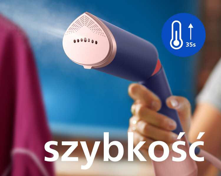 Osoba trzyma parownicę do ubrań, z której wydobywa się para. Na obrazie widoczny jest napis \'szybkość\' oraz ikona z termometrem i tekstem \'35s\'.