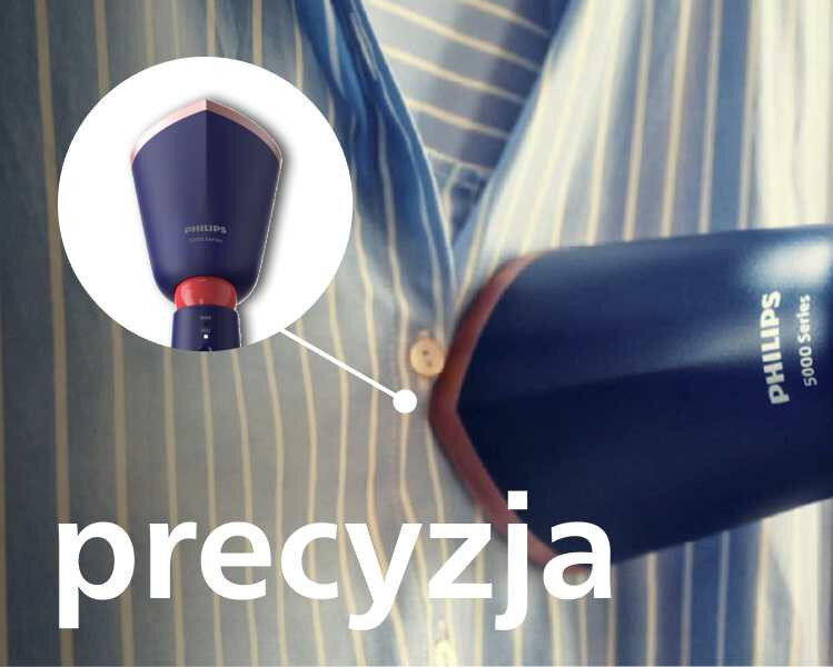 Obraz przedstawia parownicę do ubrań marki PHILIPS z serii 5000, używaną na koszuli w paski. Na obrazie widoczny jest napis \'precyzja\'.