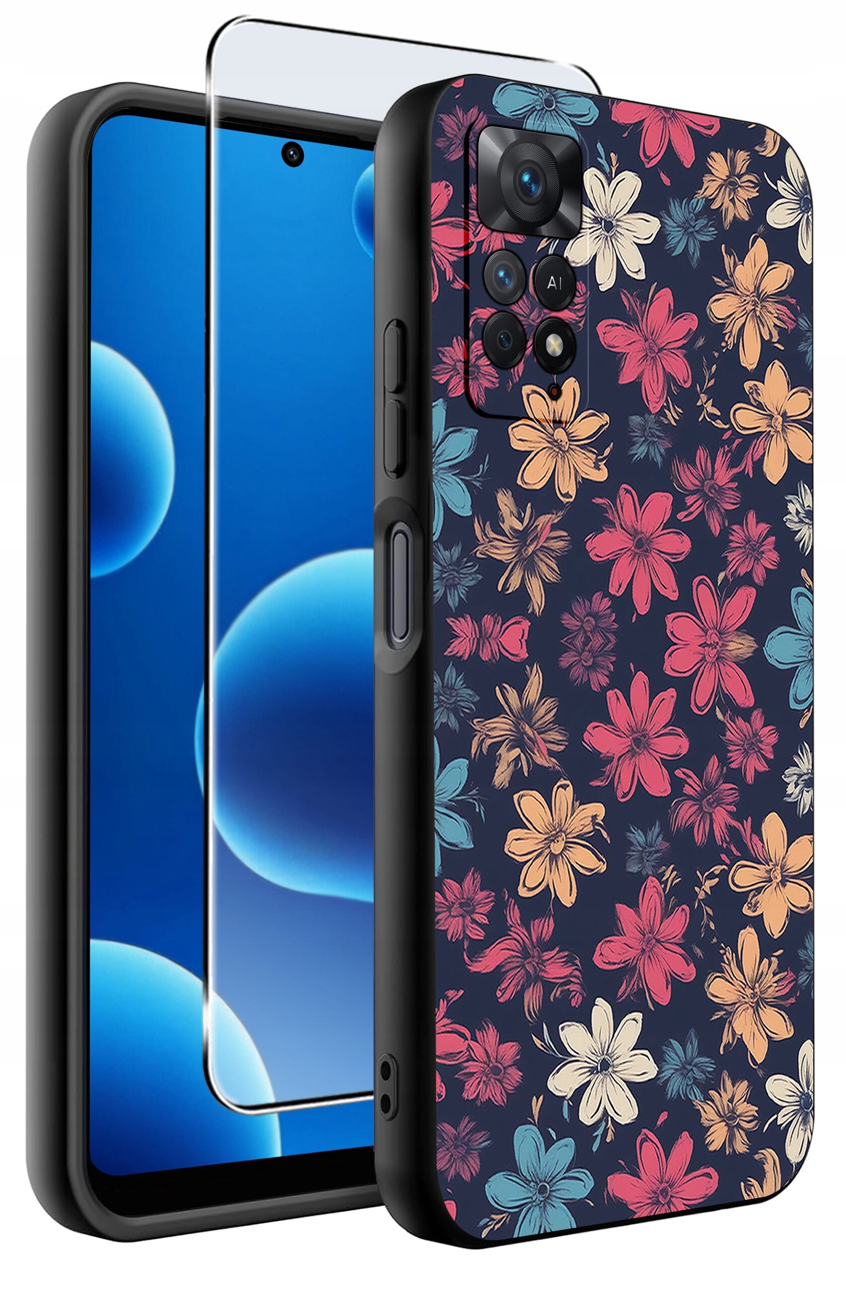 Obraz przedstawia etui na telefon z kolorowym wzorem kwiatów oraz szkło ochronne. Etui jest silikonowe, a szkło ma zaokrąglone krawędzie.