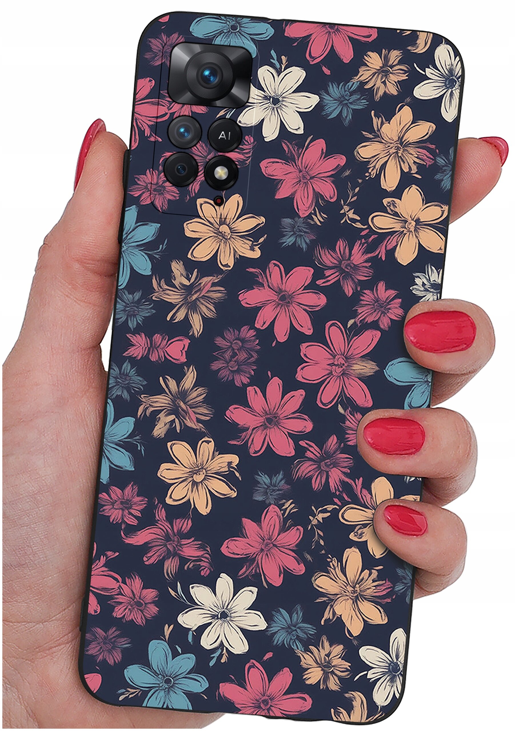 Etui na telefon z kolorowym wzorem kwiatów w odcieniach różu, żółci i niebieskiego, trzymane w dłoni. Na obudowie widoczny jest napis \'108MP ULTRA PIXEL\'.