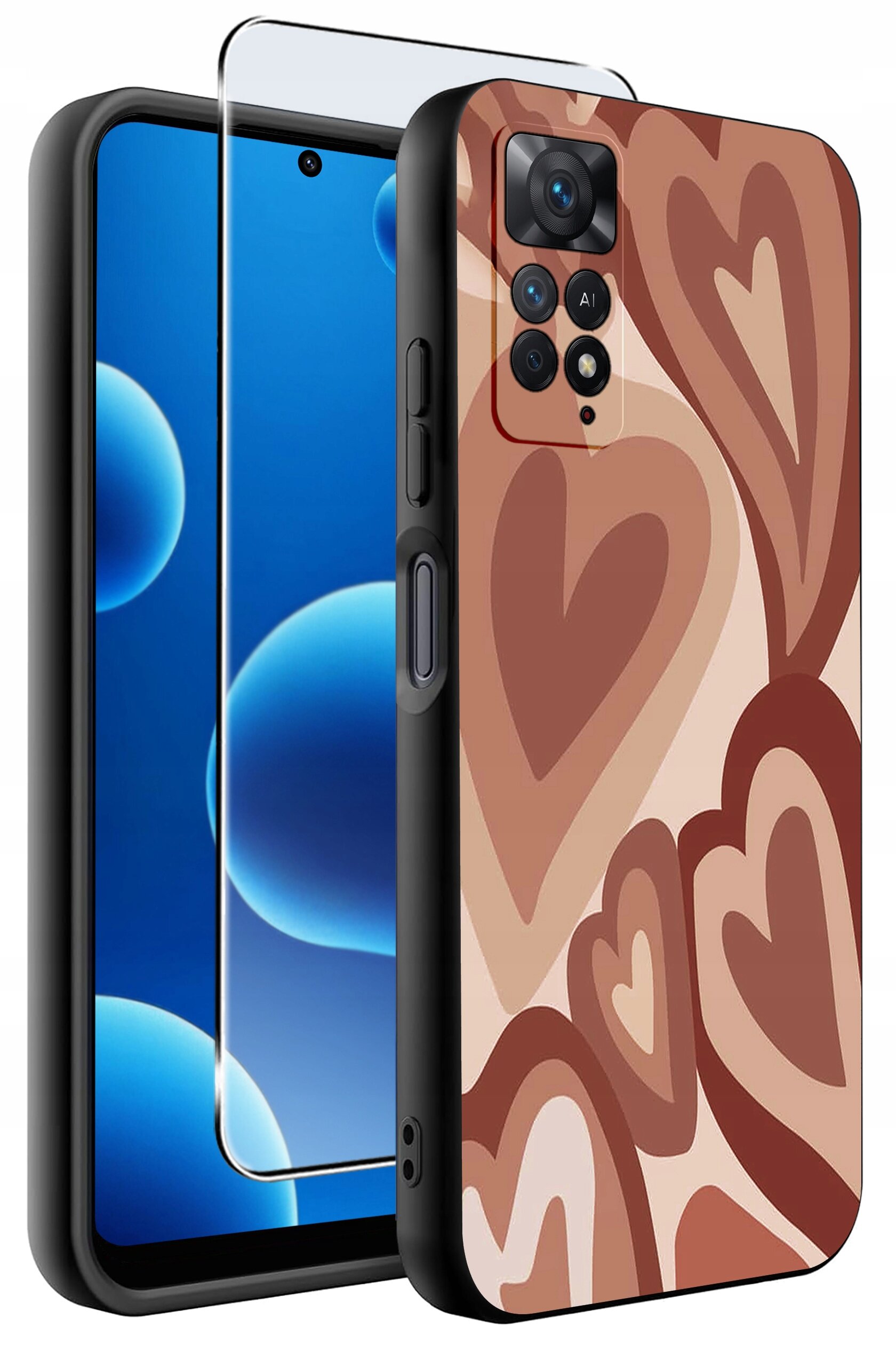 Obraz przedstawia etui na telefon z wzorem w brązowe serca oraz szkło ochronne. Telefon ma wyświetlacz z niebieskimi bąbelkami na ekranie.