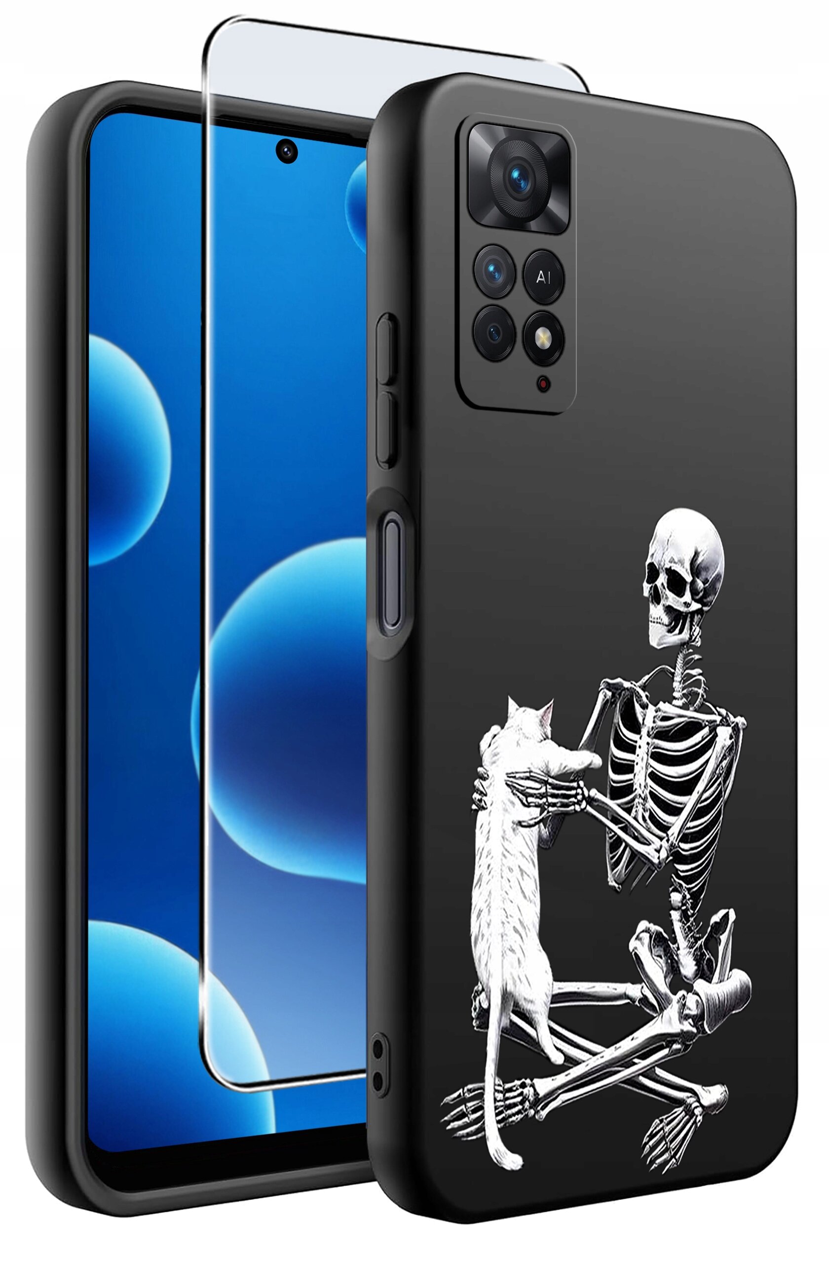 Czarne etui na telefon z nadrukiem białego szkieletu trzymającego kota. Obok etui znajduje się przezroczysta osłona ekranu.