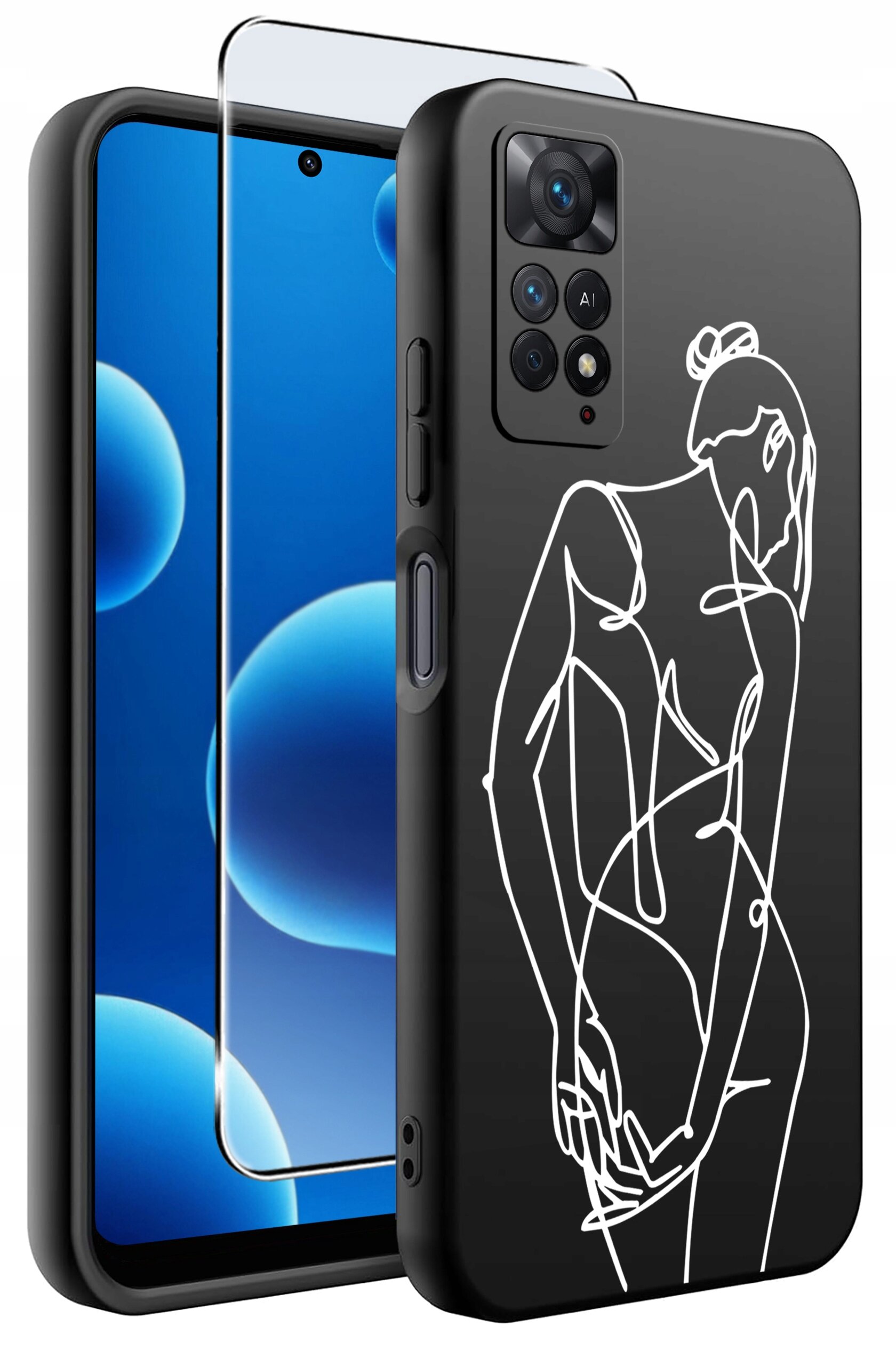 Czarne etui na telefon z białym, abstrakcyjnym rysunkiem postaci. Obok etui znajduje się szkło ochronne na ekran.