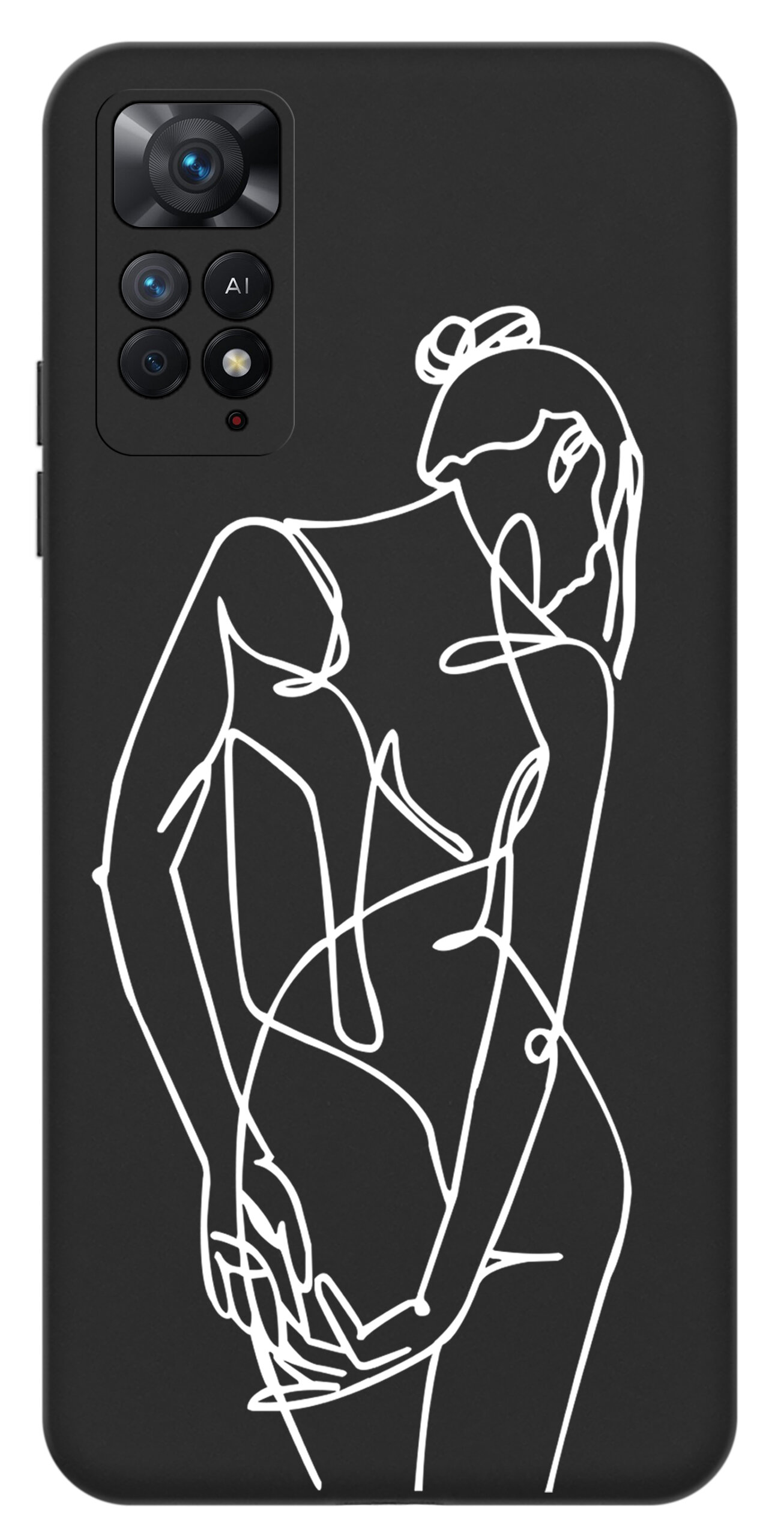 Czarne etui na telefon z białym, abstrakcyjnym wzorem przedstawiającym sylwetkę osoby. Etui posiada wycięcia na aparat i przyciski.