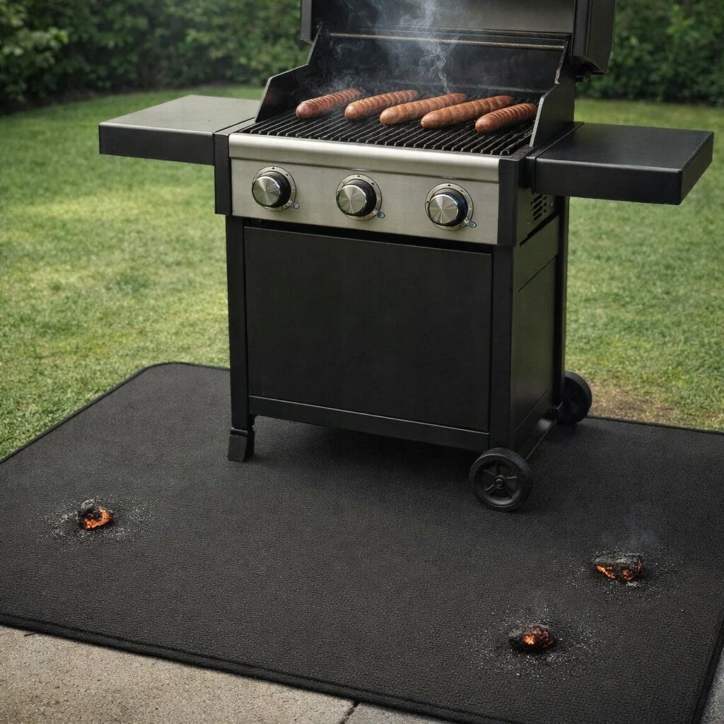 Na obrazie widoczny jest grill z otwartą pokrywą, na którym znajdują się kiełbaski. Pod grillem leży czarna mata, na której widać kilka małych płomieni.