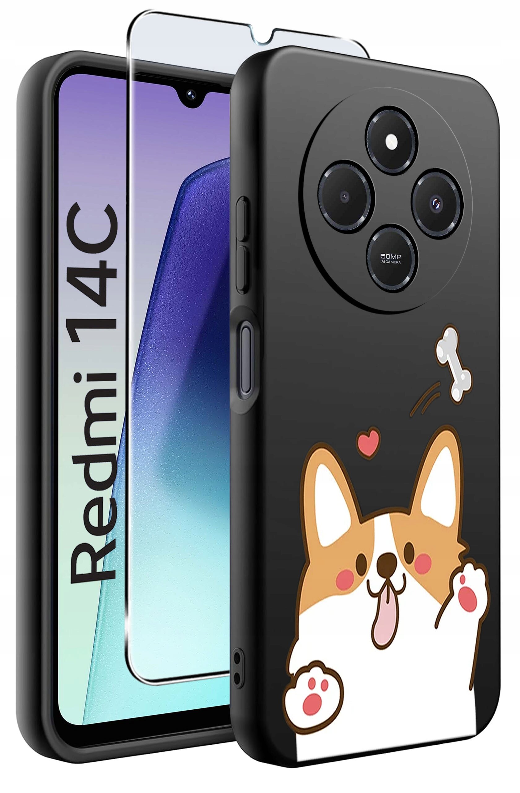 Etui na telefon z grafiką przedstawiającą psa i kość, obok widoczny napis \'Redmi 14C\'.