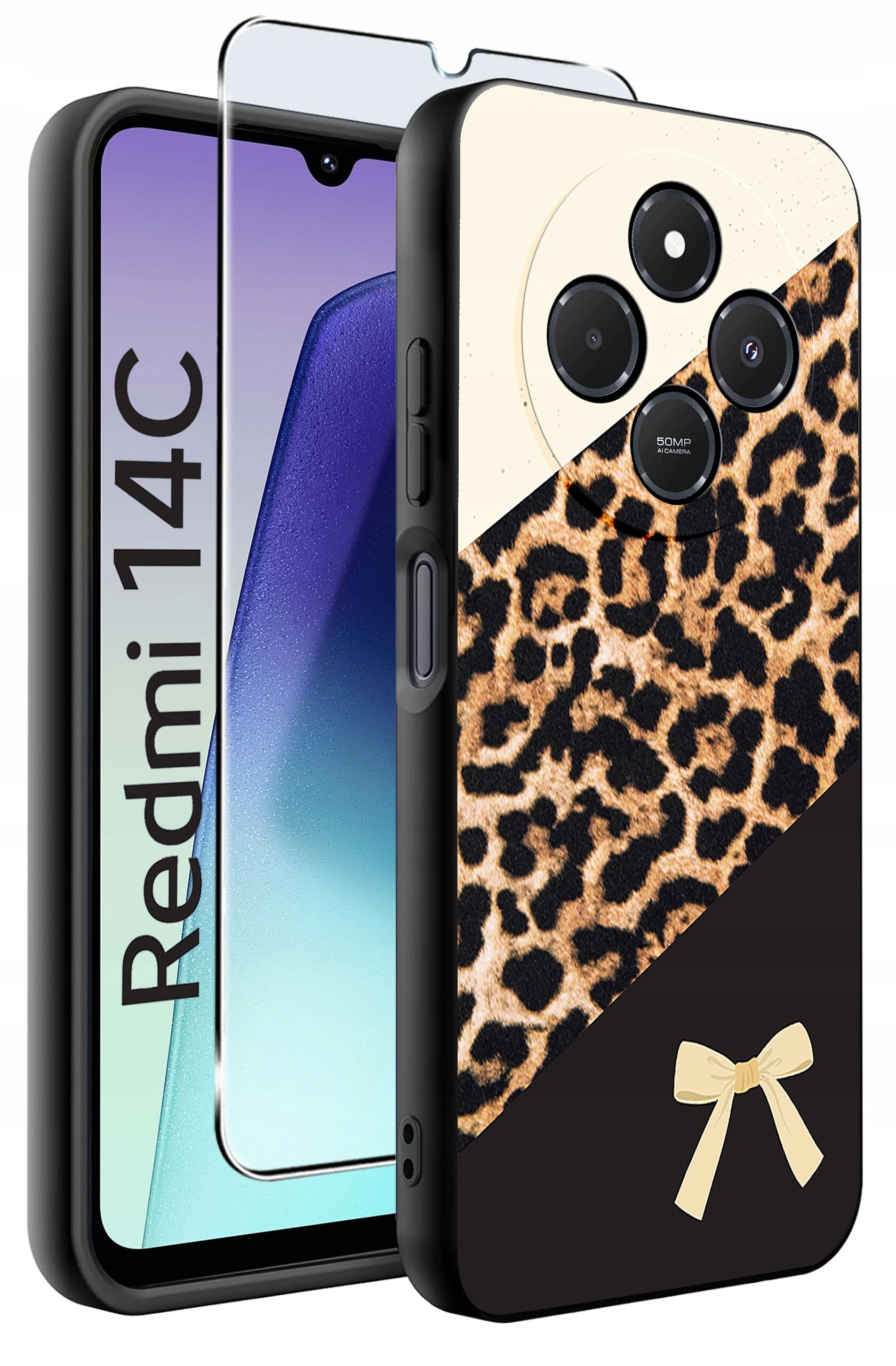 Obraz przedstawia etui na telefon z wzorem przypominającym skórę lamparta oraz małą kokardką na dole. Obok etui widoczny jest telefon z napisem \'Redmi 14C\' oraz szkło ochronne.