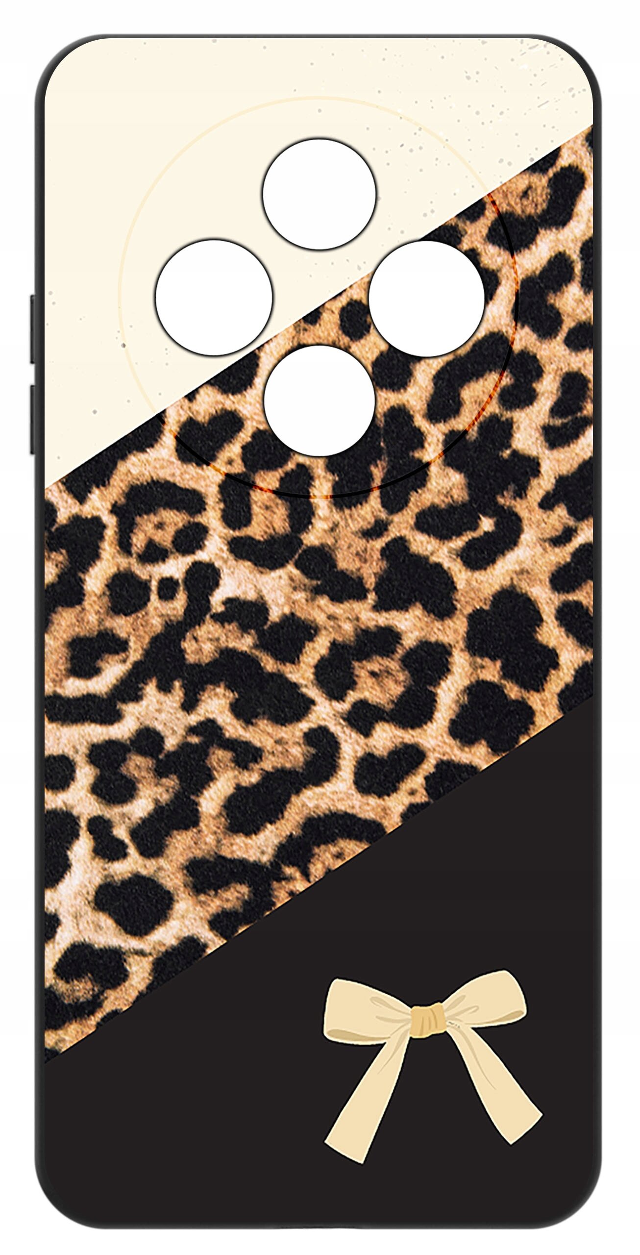 Etui na telefon z wzorem w cętki przypominające skórę lamparta, z dolną częścią w kolorze czarnym ozdobioną jasną kokardką. Etui posiada cztery okrągłe wycięcia na aparaty fotograficzne.