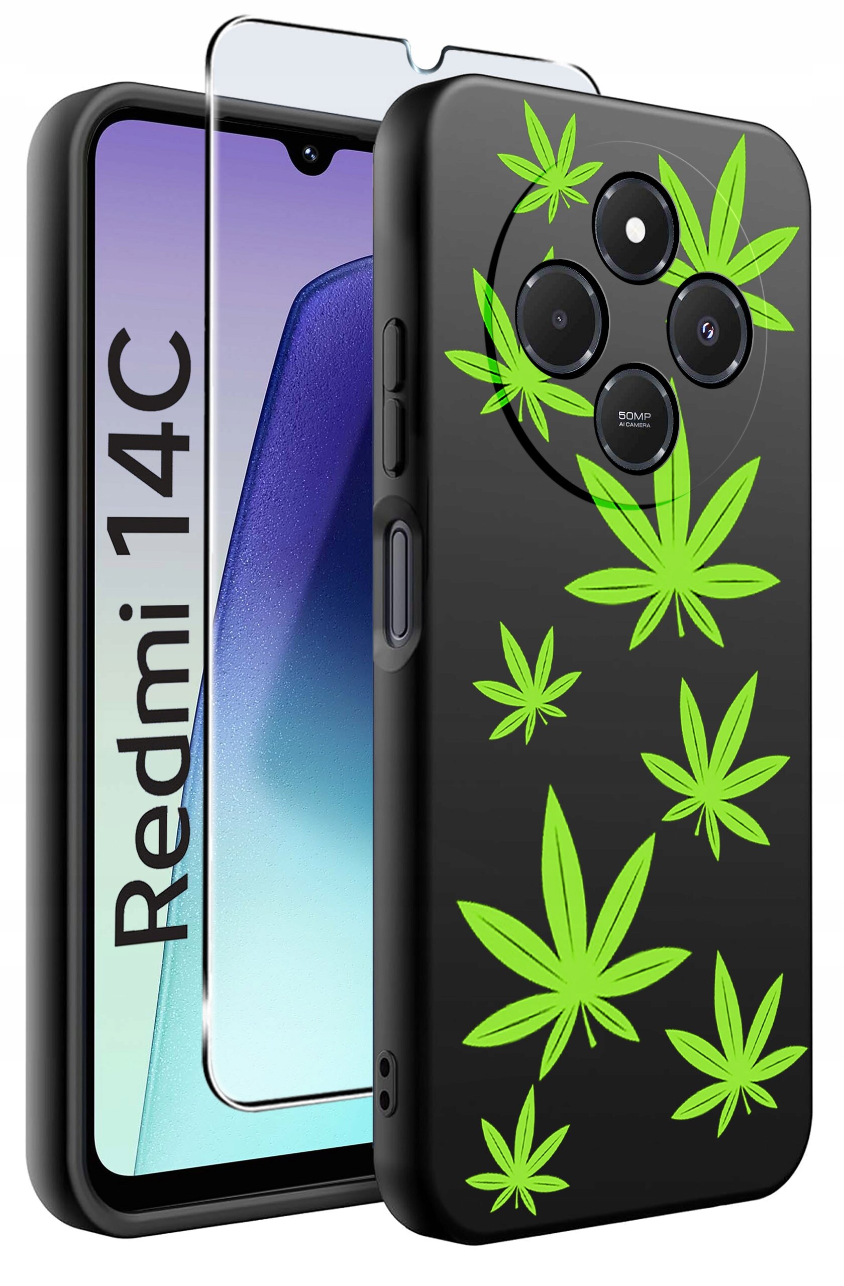 Obraz przedstawia czarne etui na telefon z zielonymi wzorami liści oraz szkło ochronne. Na ekranie telefonu widoczny jest napis \'Redmi 14C\'.