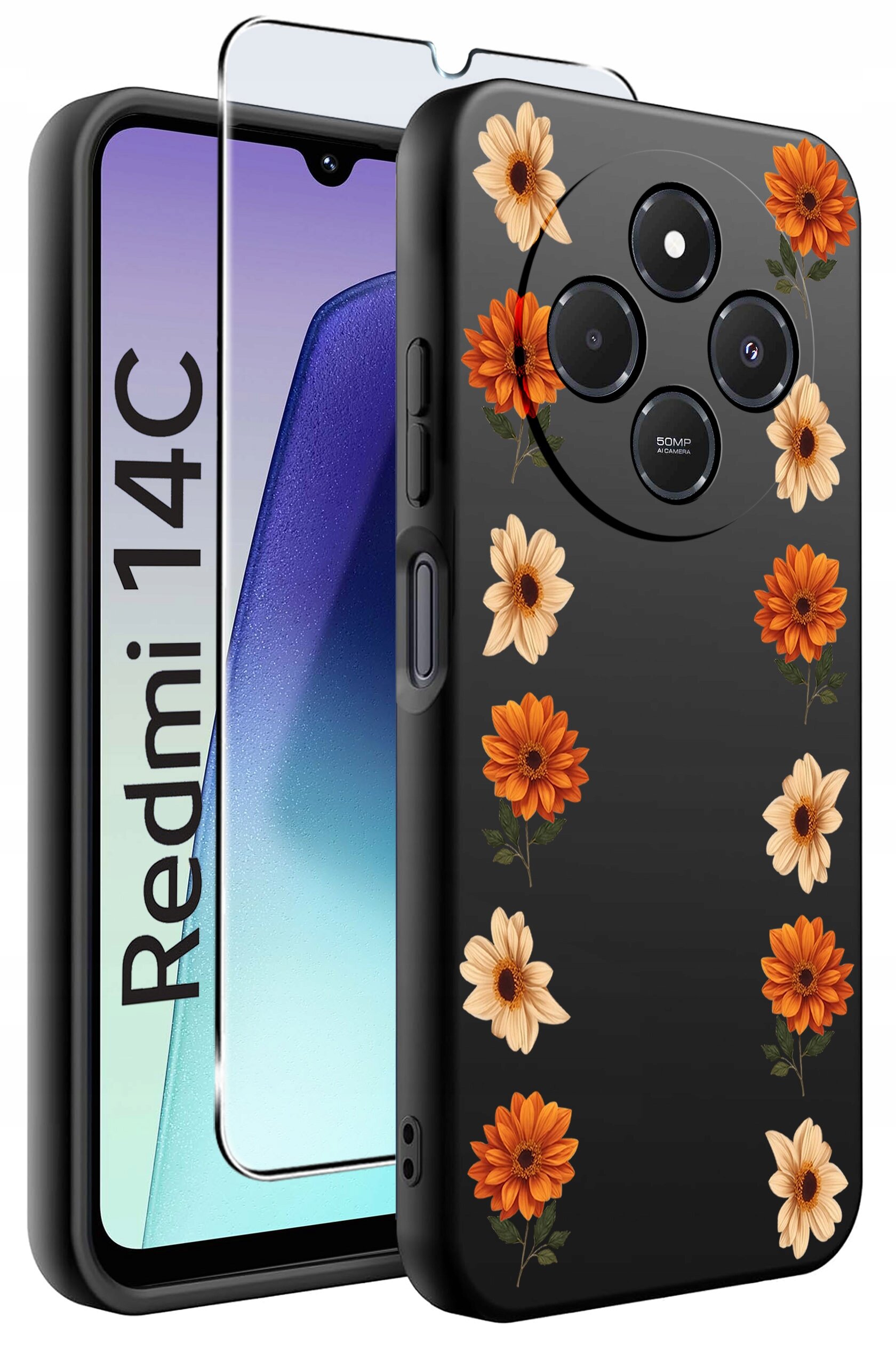 Obraz przedstawia etui na telefon z motywem kwiatowym, z pomarańczowymi i kremowymi kwiatami na czarnym tle. Obok etui widoczny jest telefon z napisem \'Redmi 14C\' oraz szkło ochronne.