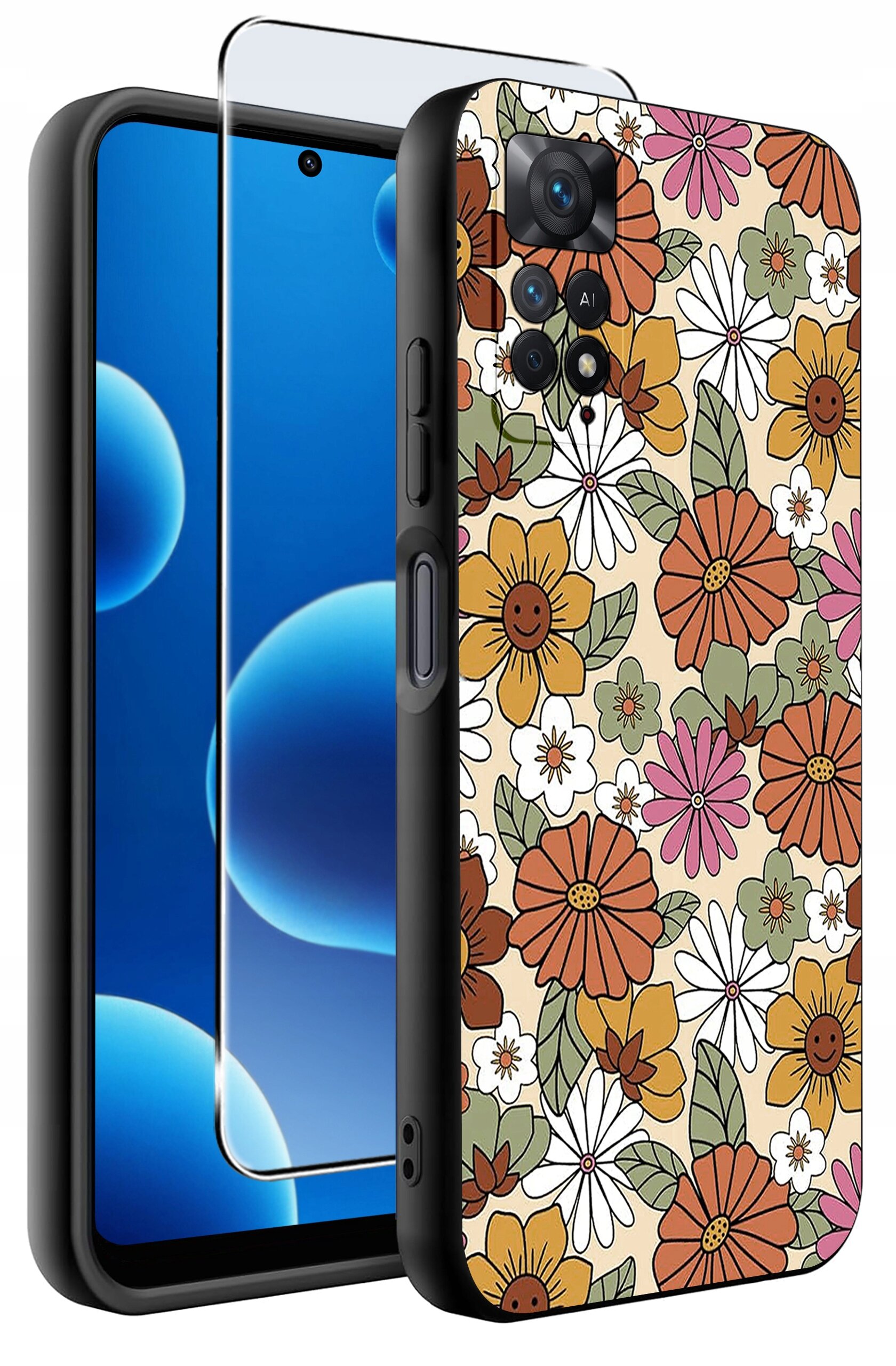 Obraz przedstawia etui na telefon z kolorowym wzorem kwiatowym oraz szkło ochronne. Etui jest silikonowe, a szkło ma oznaczenie 9H.