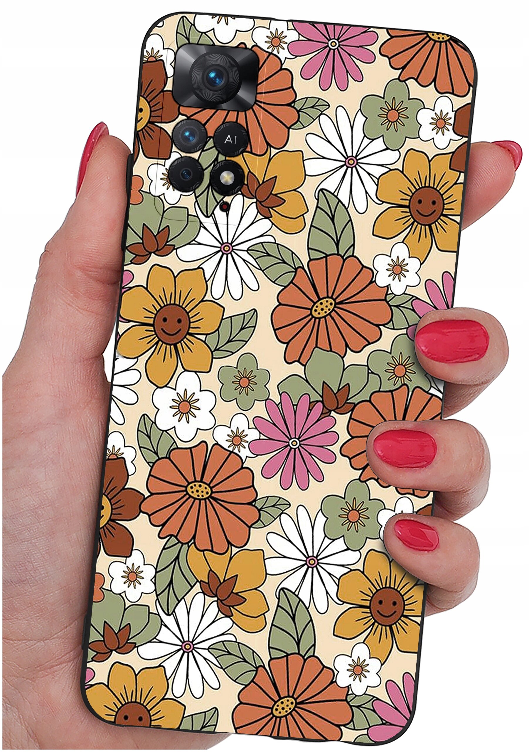 Etui na telefon z kolorowym wzorem kwiatów w odcieniach pomarańczowego, różowego, białego i zielonego, trzymane w dłoni z pomalowanymi na czerwono paznokciami.