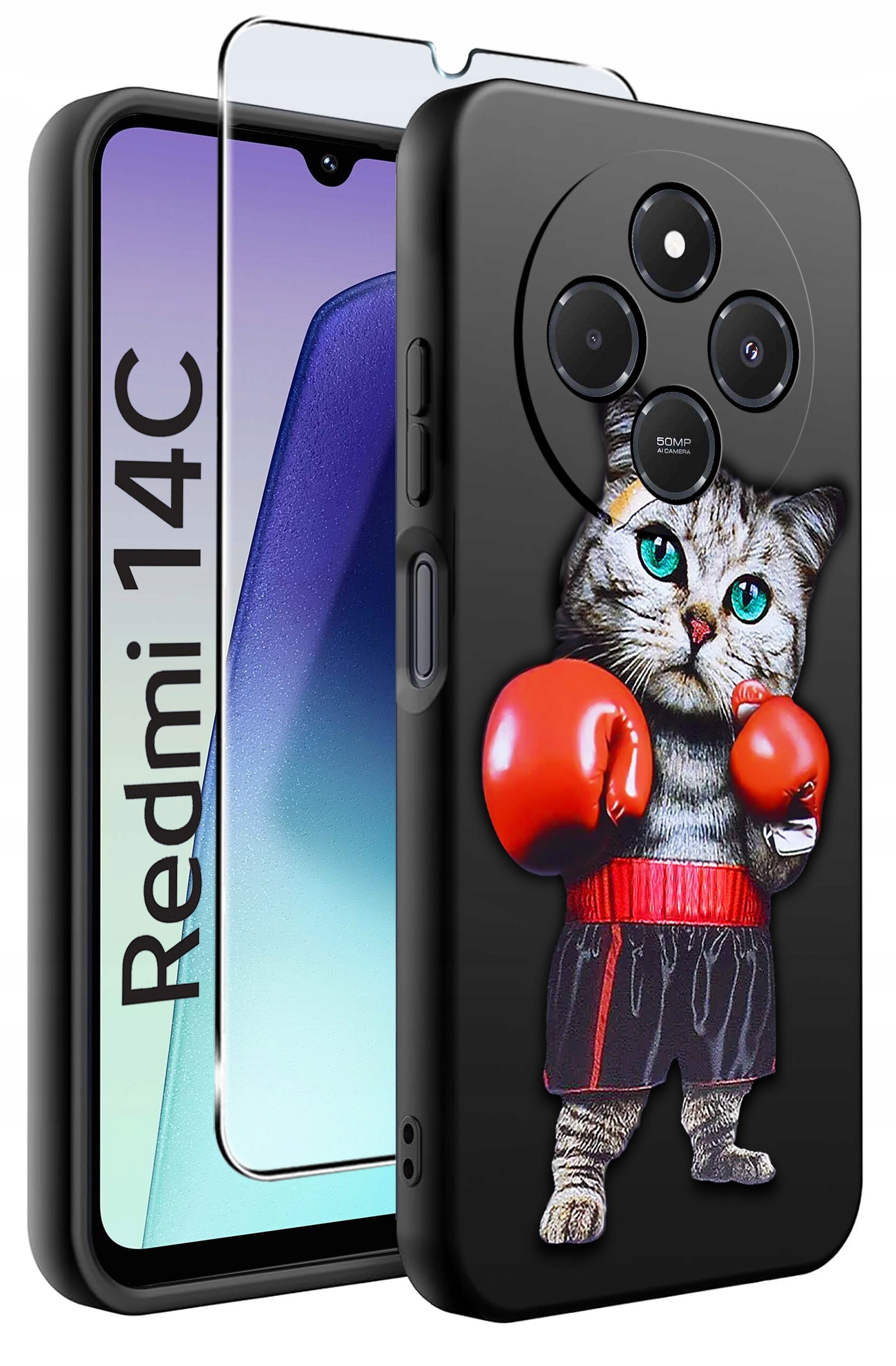Etui na telefon z nadrukiem kota w rękawicach bokserskich, obok widoczny jest napis \'Redmi 14C\'.