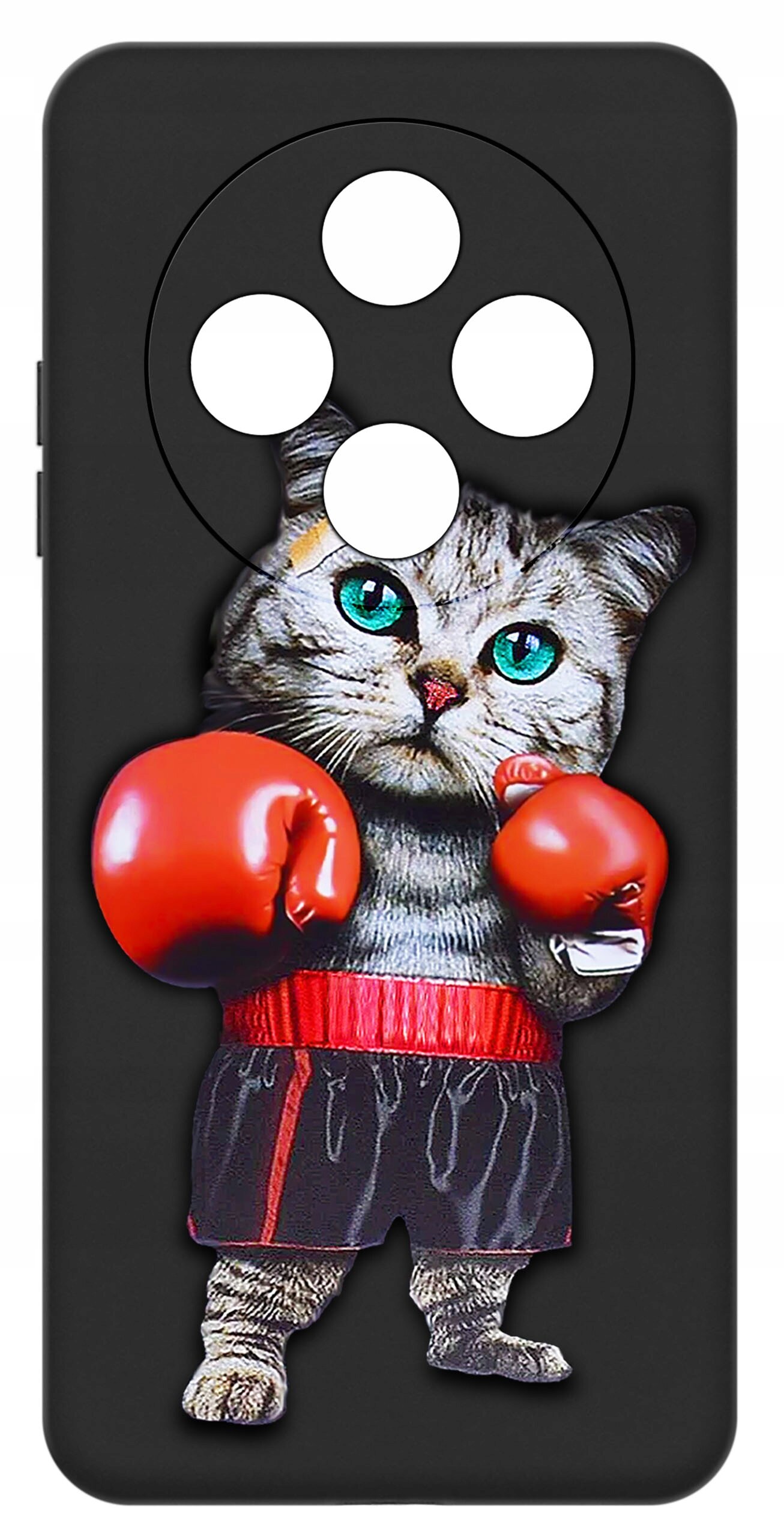 Czarne etui na telefon z nadrukiem kota w rękawicach bokserskich i spódniczce. Etui posiada cztery okrągłe wycięcia na aparat.
