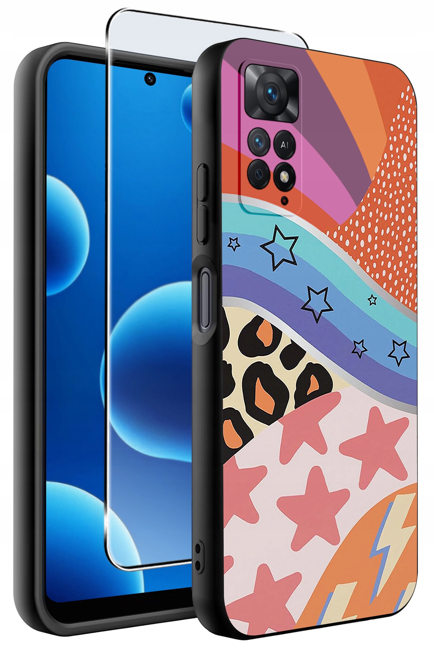 Obraz przedstawia kolorowe etui na telefon z różnorodnymi wzorami, takimi jak gwiazdy, paski i motywy zwierzęce. Obok etui znajduje się szkło ochronne na ekran.