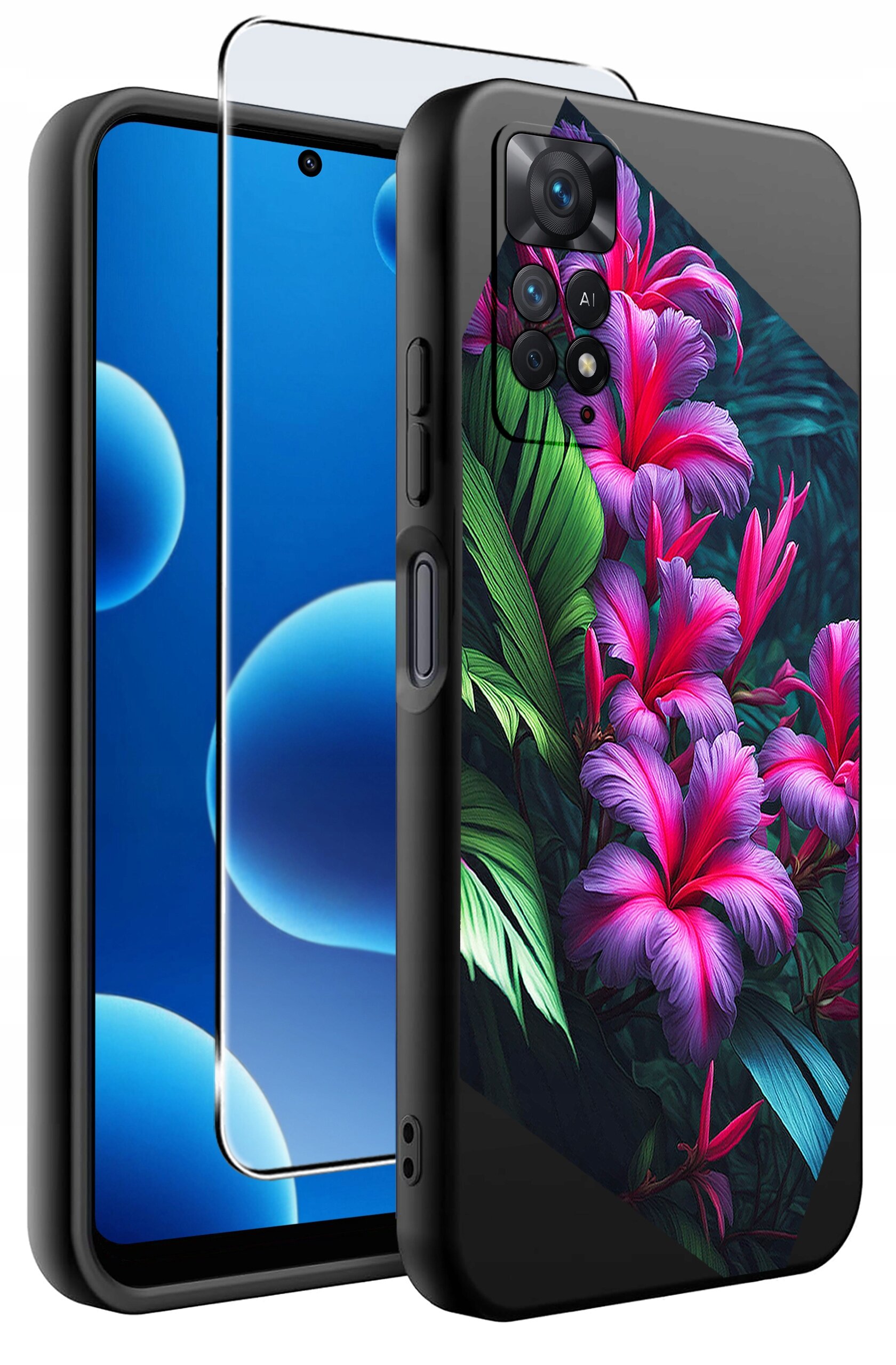 Obraz przedstawia silikonowe etui na telefon z kolorowym wzorem kwiatów i liści oraz szkło ochronne. Etui jest przeznaczone dla modelu Xiaomi Redmi Note 11 Pro.