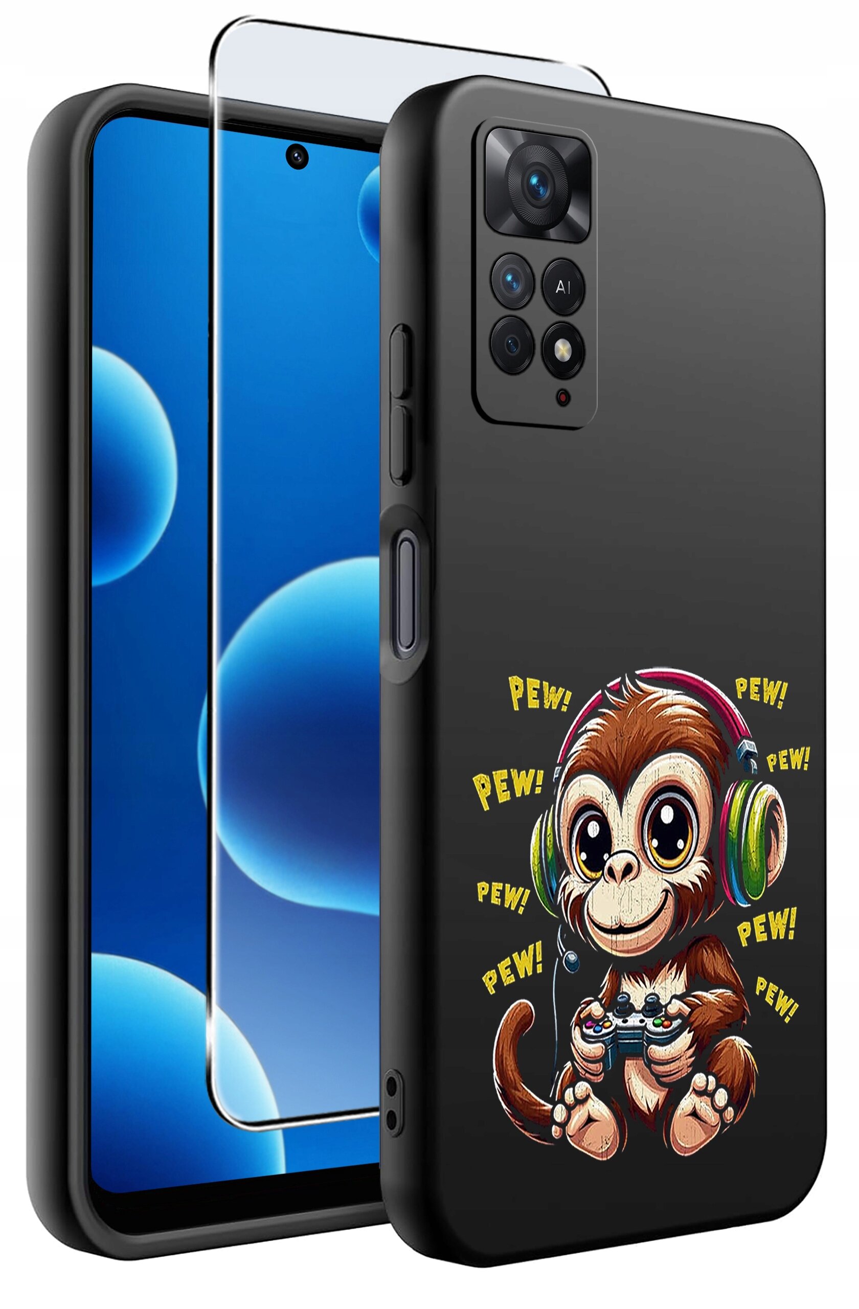 Etui na telefon z nadrukiem małpki w słuchawkach trzymającej kontroler do gier, otoczonej napisem \'PEW!\'. W zestawie znajduje się również szkło ochronne na ekran.