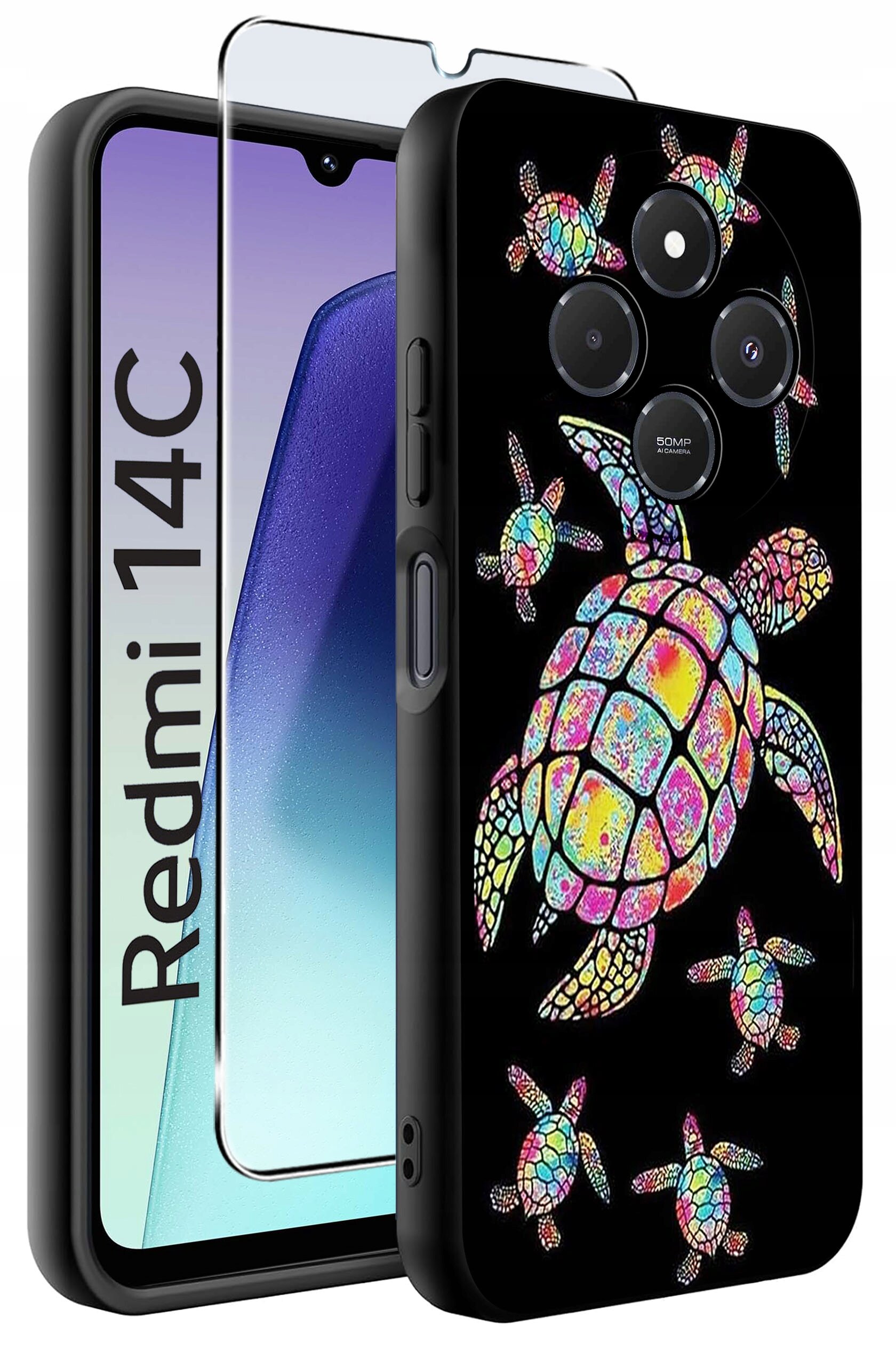 Obraz przedstawia etui na telefon z kolorowym wzorem żółwi na czarnym tle. Obok widoczny jest telefon z napisem \'Redmi 14C\' oraz szkło ochronne.