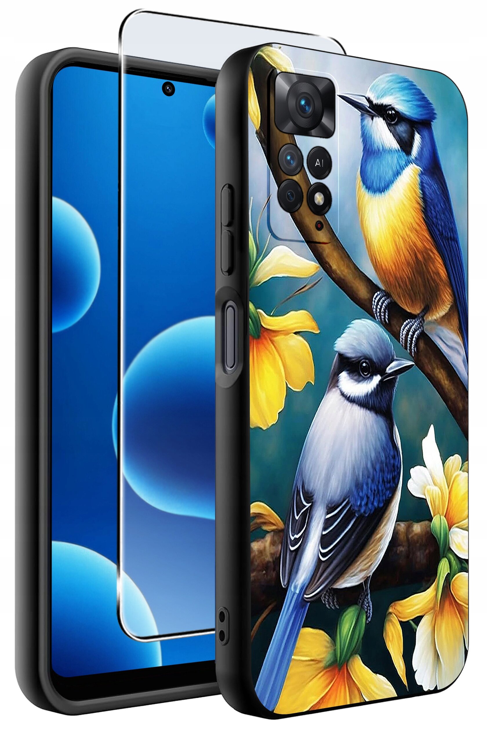 Etui na telefon z kolorowym wzorem przedstawiającym dwa ptaki siedzące na gałęzi wśród żółtych kwiatów. Obok etui znajduje się szkło ochronne na ekran.