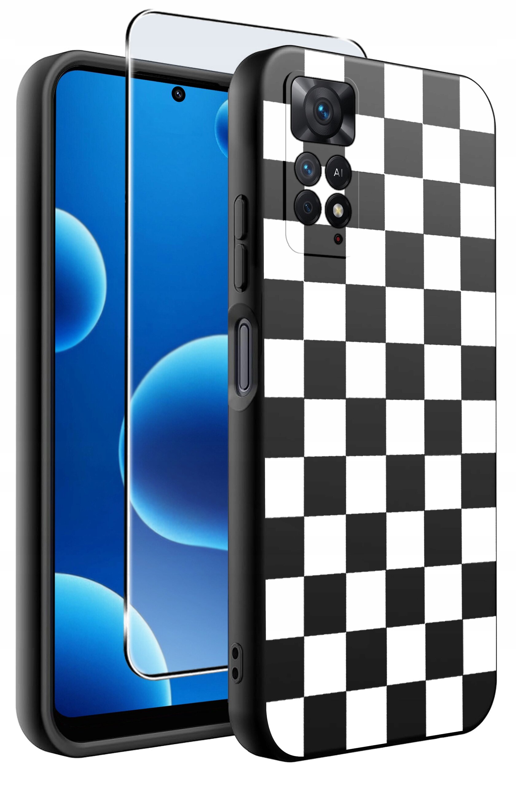 Obraz przedstawia telefon z nałożonym silikonowym etui o wzorze czarno-białej szachownicy oraz szkło ochronne na ekranie. Telefon ma widoczny aparat z trzema obiektywami i napisem \'AI\'.