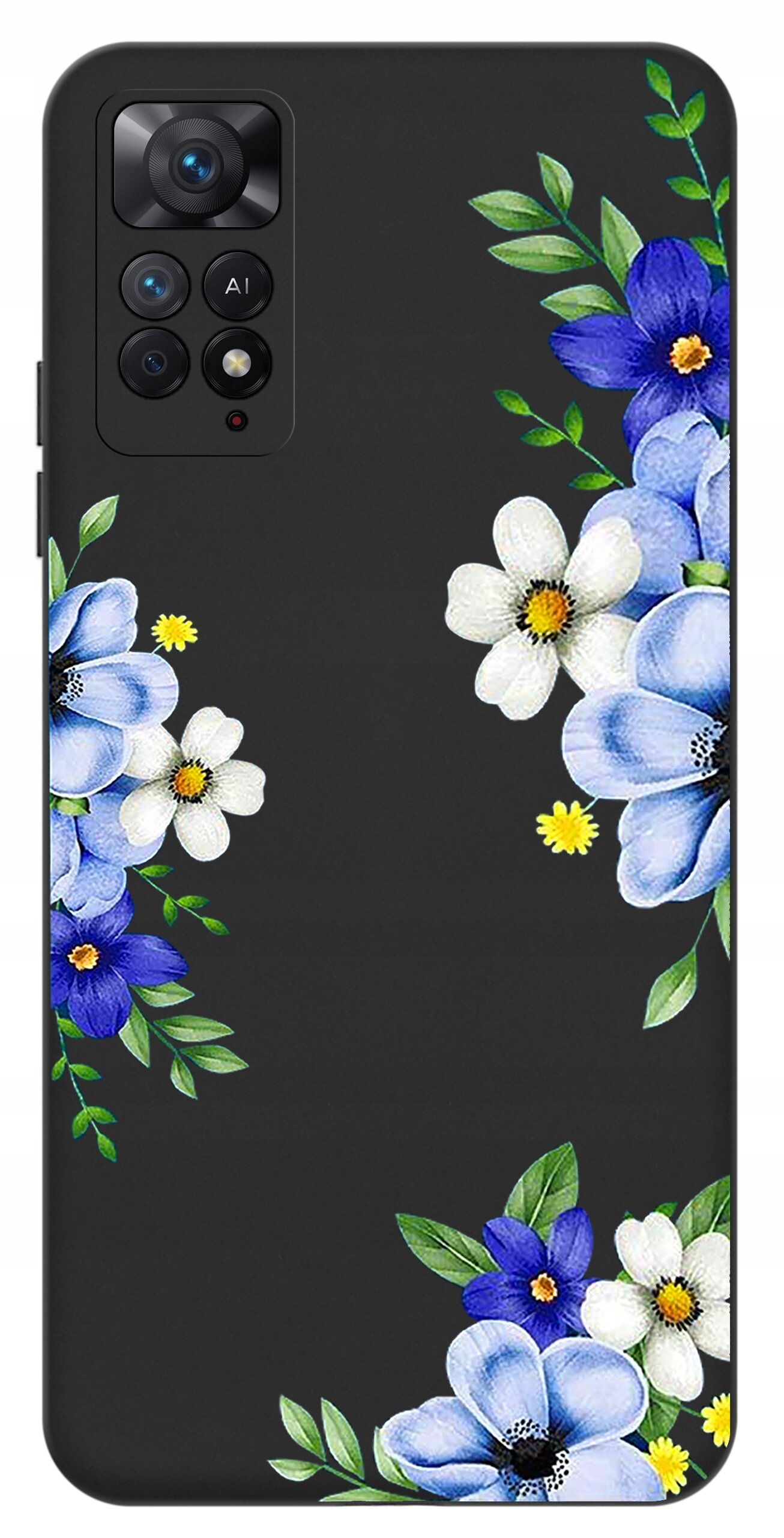 Etui na telefon z czarnym tłem ozdobione kolorowymi kwiatami w odcieniach niebieskiego, białego i żółtego. W górnej części widoczne są wycięcia na aparat z trzema obiektywami i lampą błyskową.