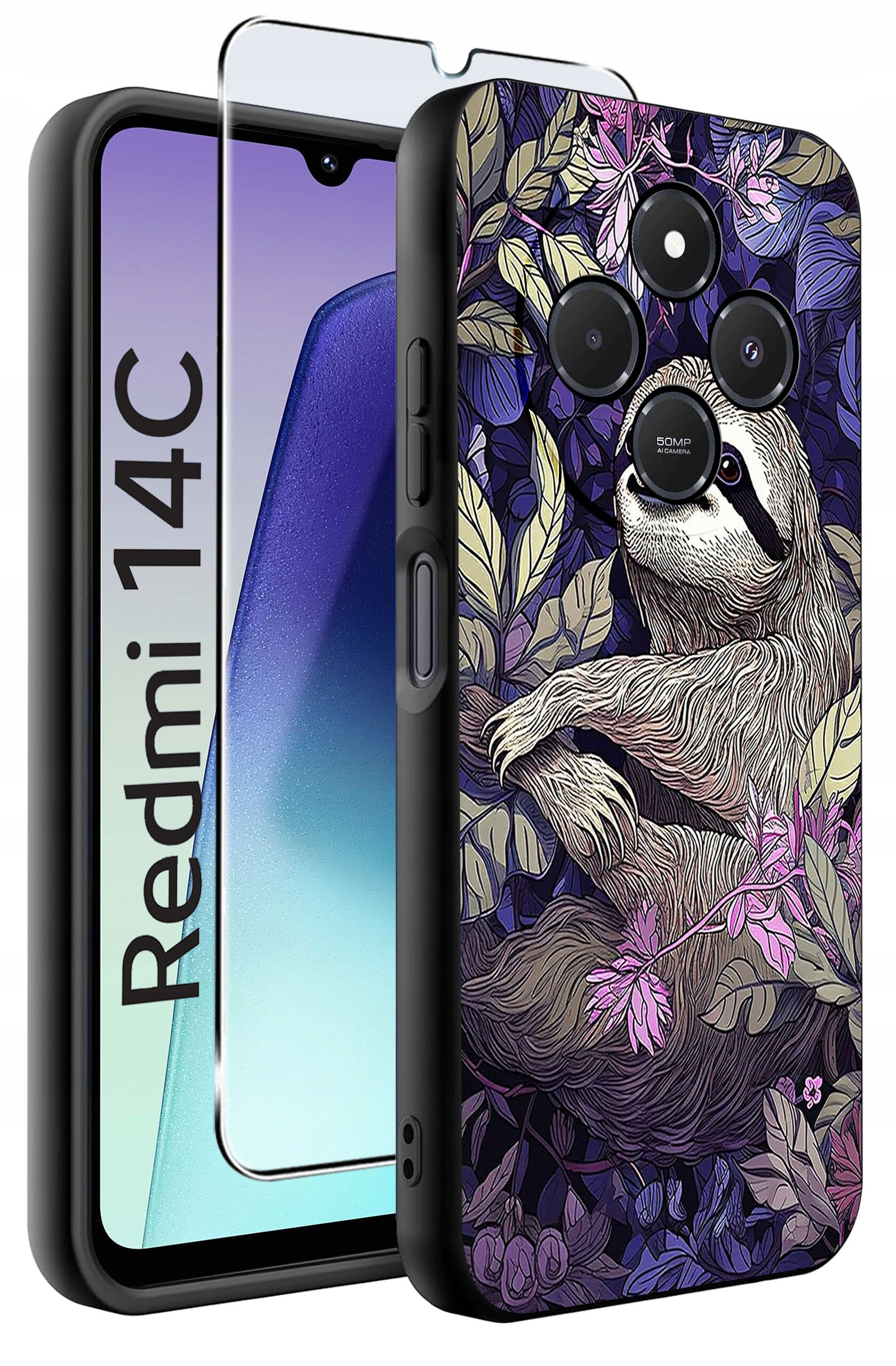 Obraz przedstawia etui na telefon z motywem leniwca otoczonego liśćmi i kwiatami. Obok etui widoczny jest telefon z napisem \'Redmi 14C\' oraz szkło ochronne.