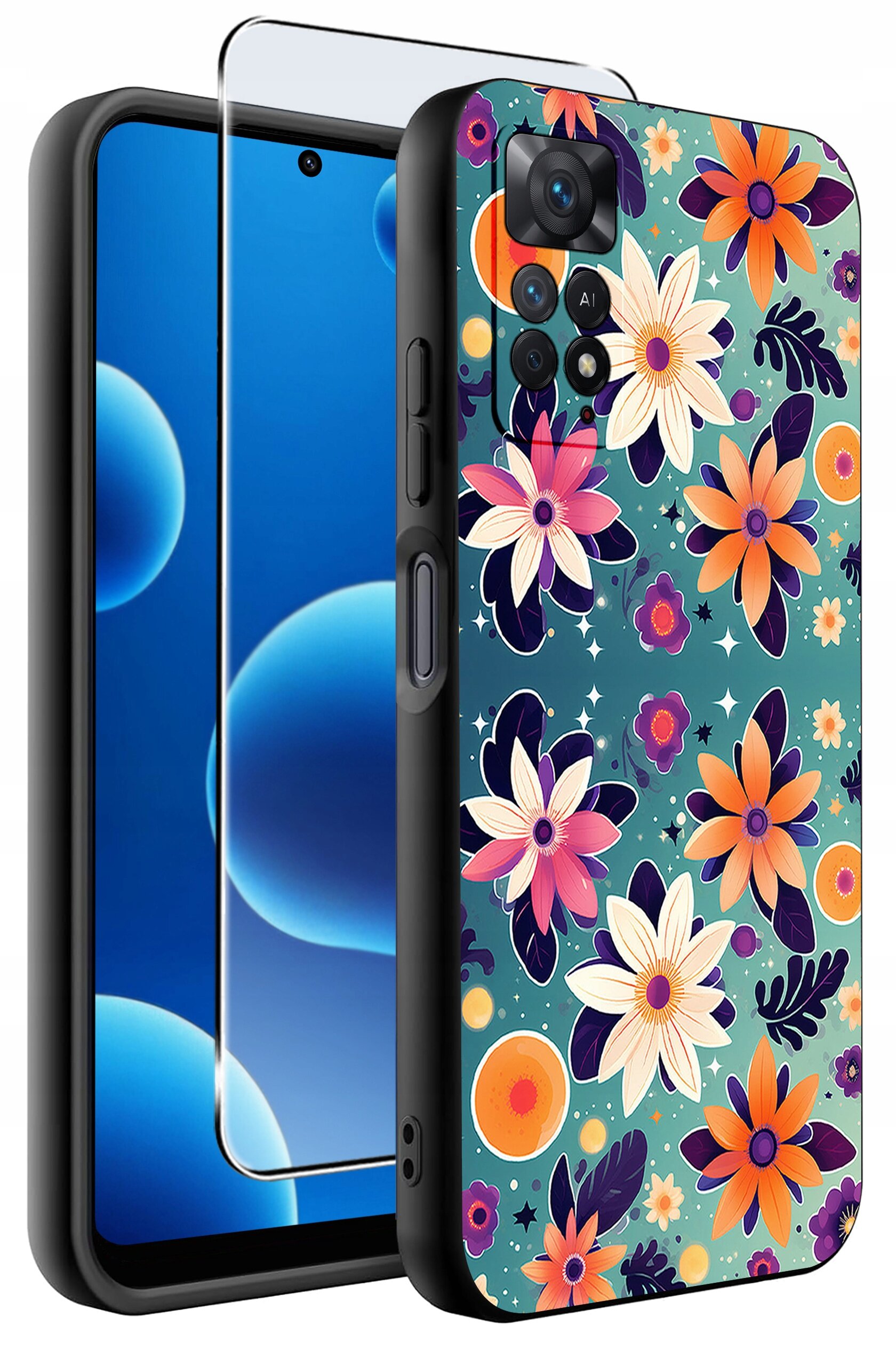 Obraz przedstawia etui na telefon z kolorowym wzorem kwiatowym oraz szkło ochronne. Etui jest silikonowe, a szkło ma zaokrąglone krawędzie.