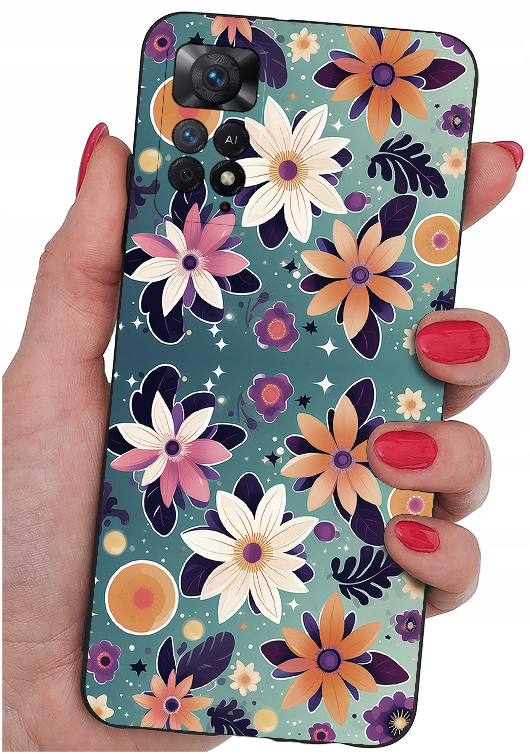 Etui na telefon z kolorowym wzorem kwiatowym, trzymane w dłoni z pomalowanymi na czerwono paznokciami. Na etui widoczne są różnokolorowe kwiaty i liście na zielonym tle.