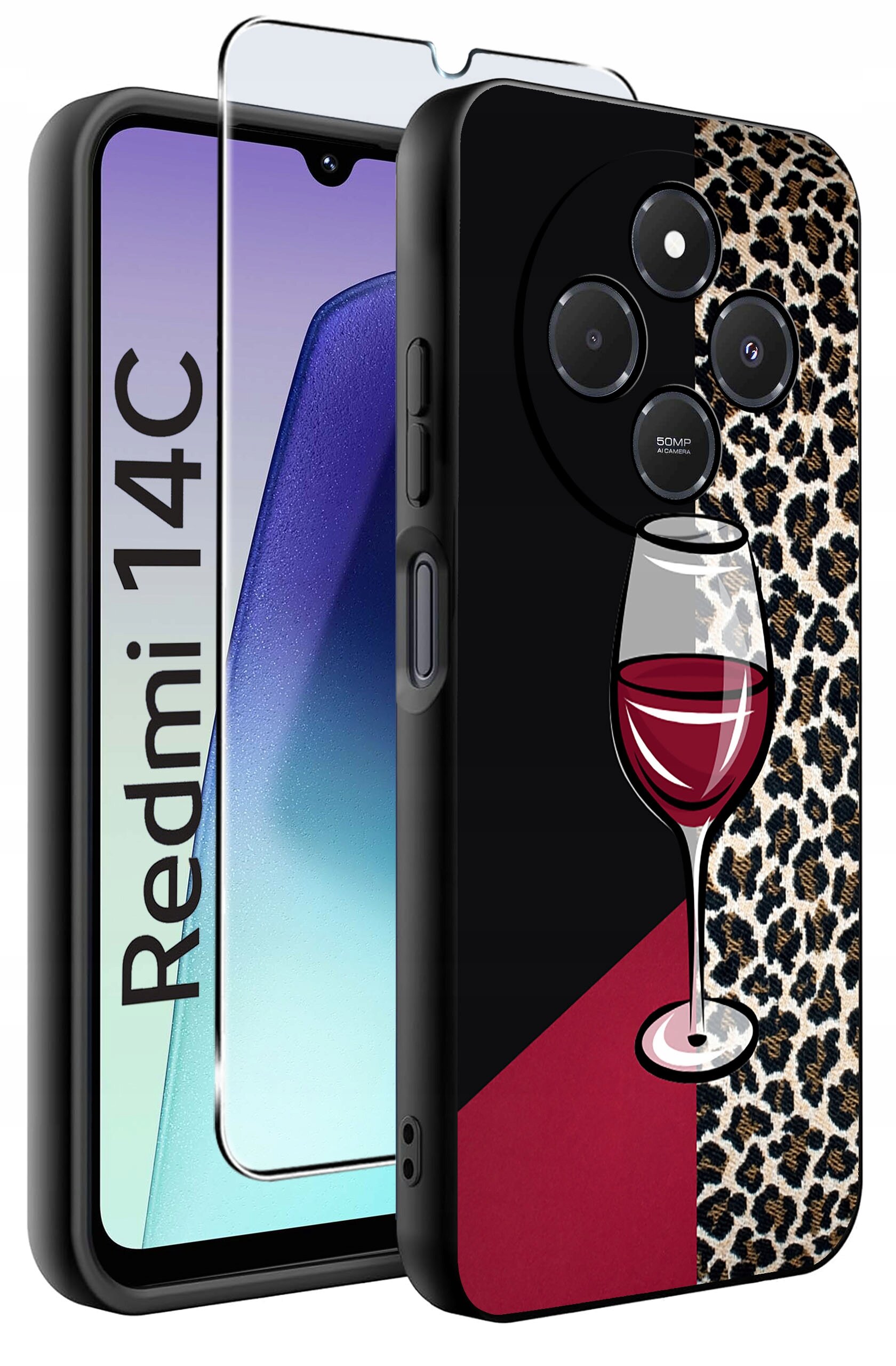 Obraz przedstawia etui na telefon z motywem kieliszka wina i wzorem w cętki. Obok etui widoczny jest napis \'Redmi 14C\' oraz szkło ochronne na ekran.