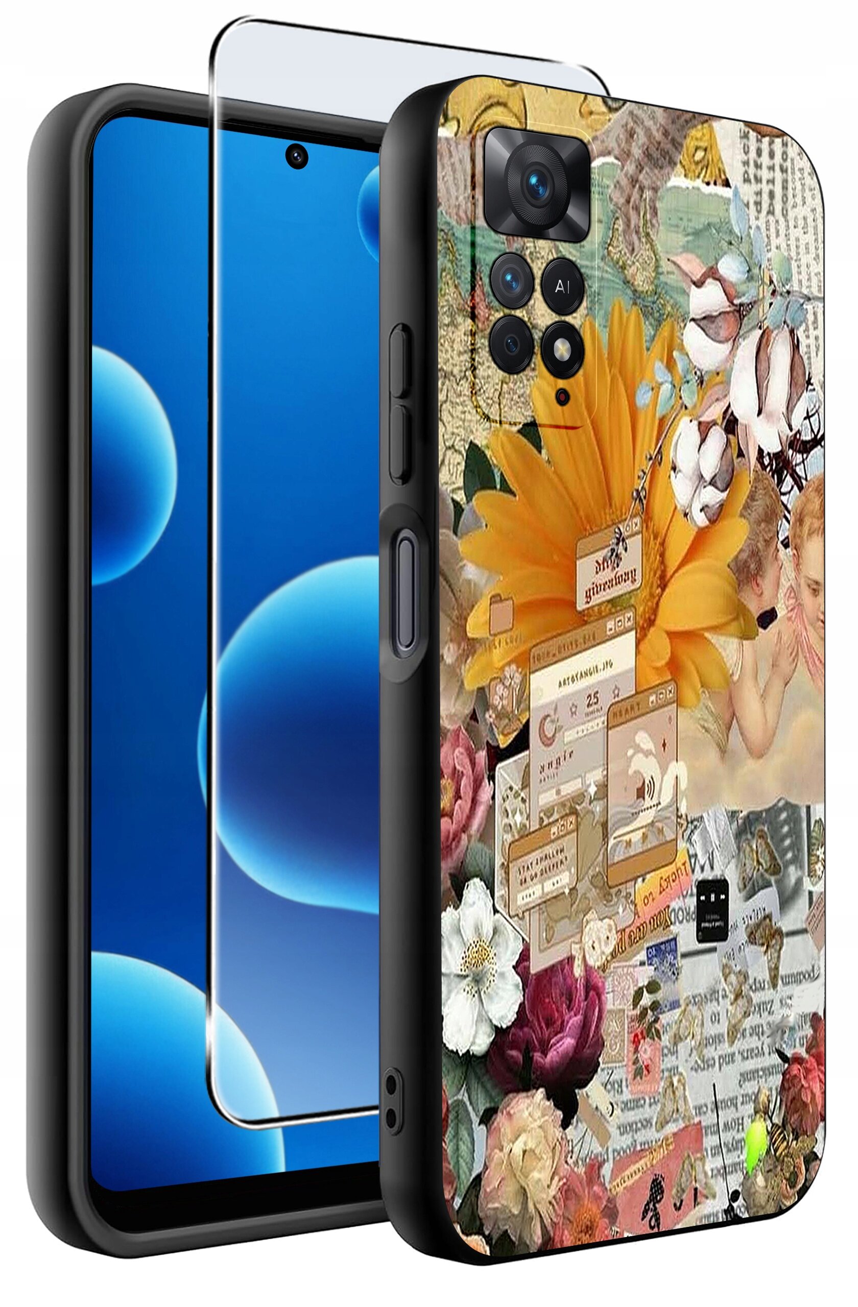Etui na telefon z kolorowym, kwiatowym wzorem oraz szkło ochronne na ekran. Na etui widoczne są różne elementy graficzne, w tym kwiaty i fragmenty tekstu.