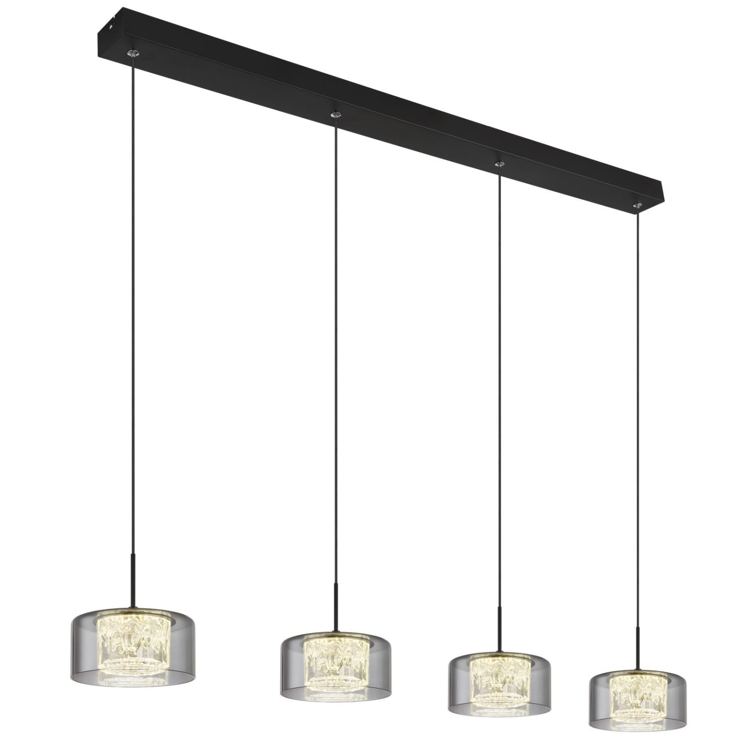 Na obrazie widoczna jest nowoczesna lampa wisząca z czterema źródłami światła, zawieszona na czarnym prostokątnym panelu. Każda z lamp ma przezroczysty klosz z widocznym wewnętrznym elementem świetlnym.